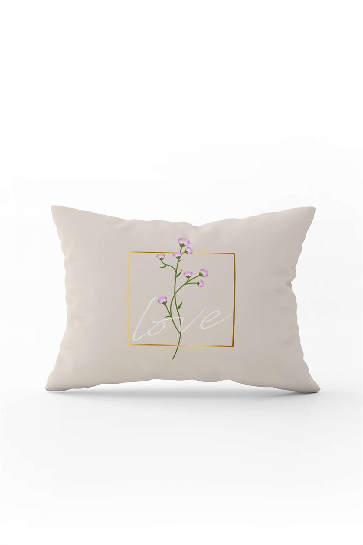 Krem Love Yazılı Çiçek Desenli Baskılı Kırlent Kılıfı CGH1010-3550 Çift Tarafı Baskılı