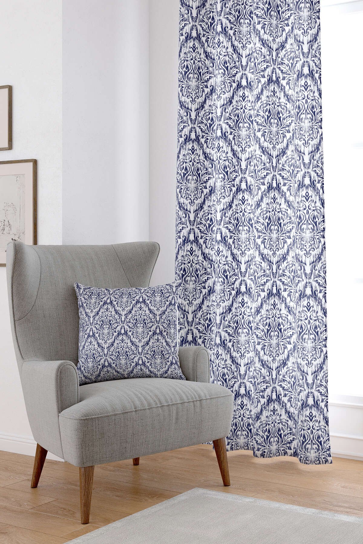 Mavi Damask Desenli Dijital Baskılı Perde CGH089-PR