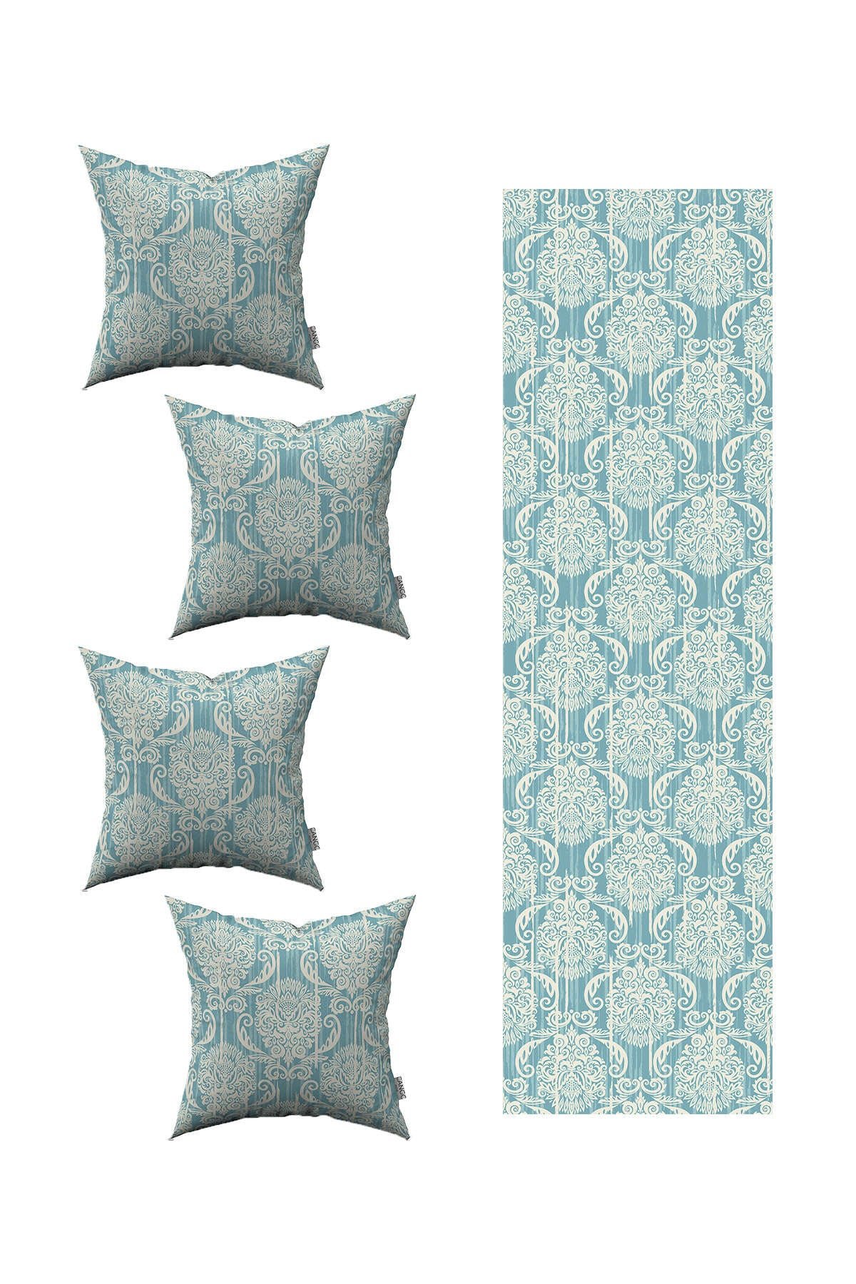 Mavi Krem Damask Desenli 4'lü Kırlent Kılıfı 1 Runner Seti 4kmbs213-RS