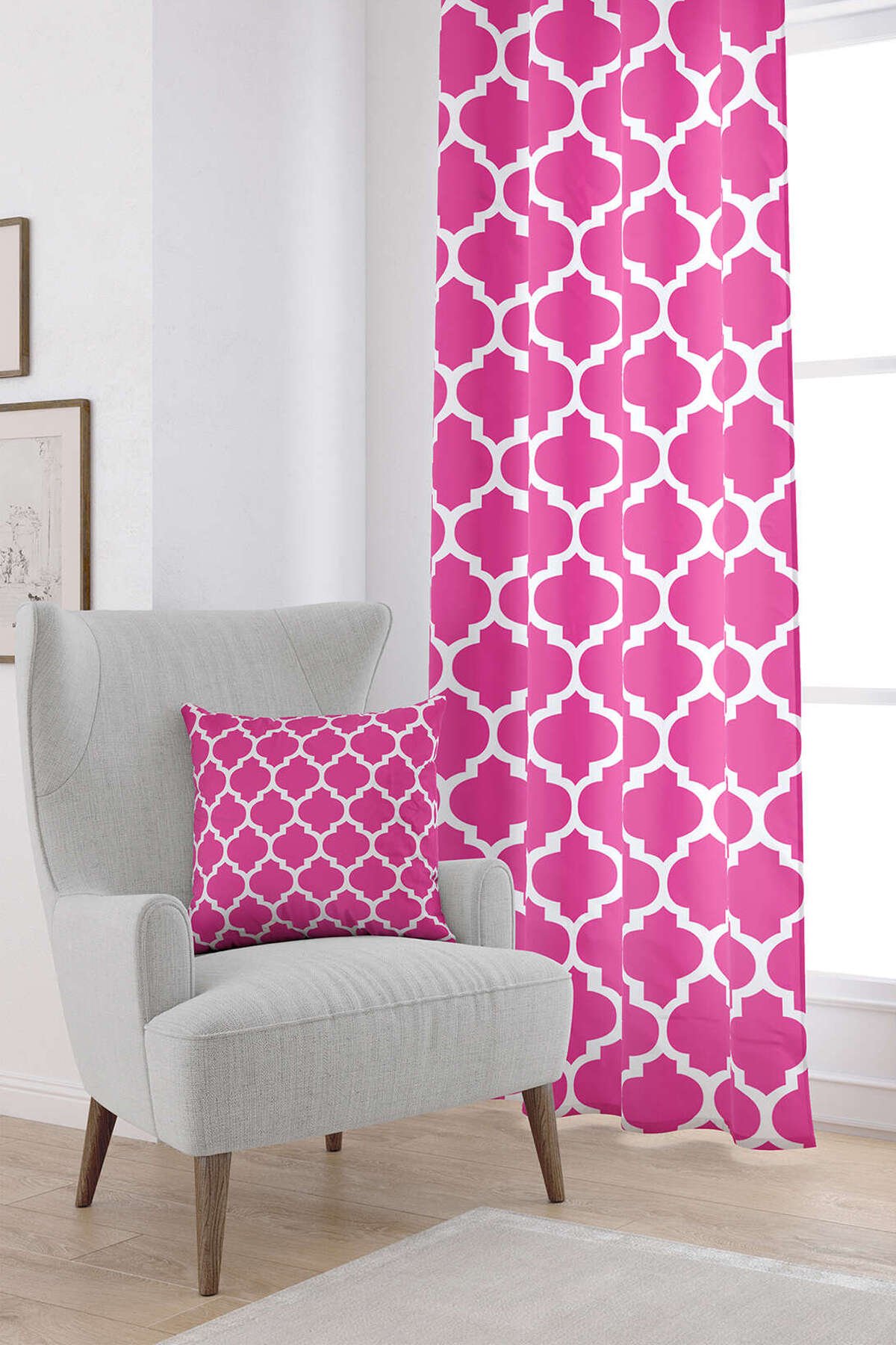 Pembe Beyaz Modern Geometrik Desenli Dijital Baskılı Perde OTYK538-PR