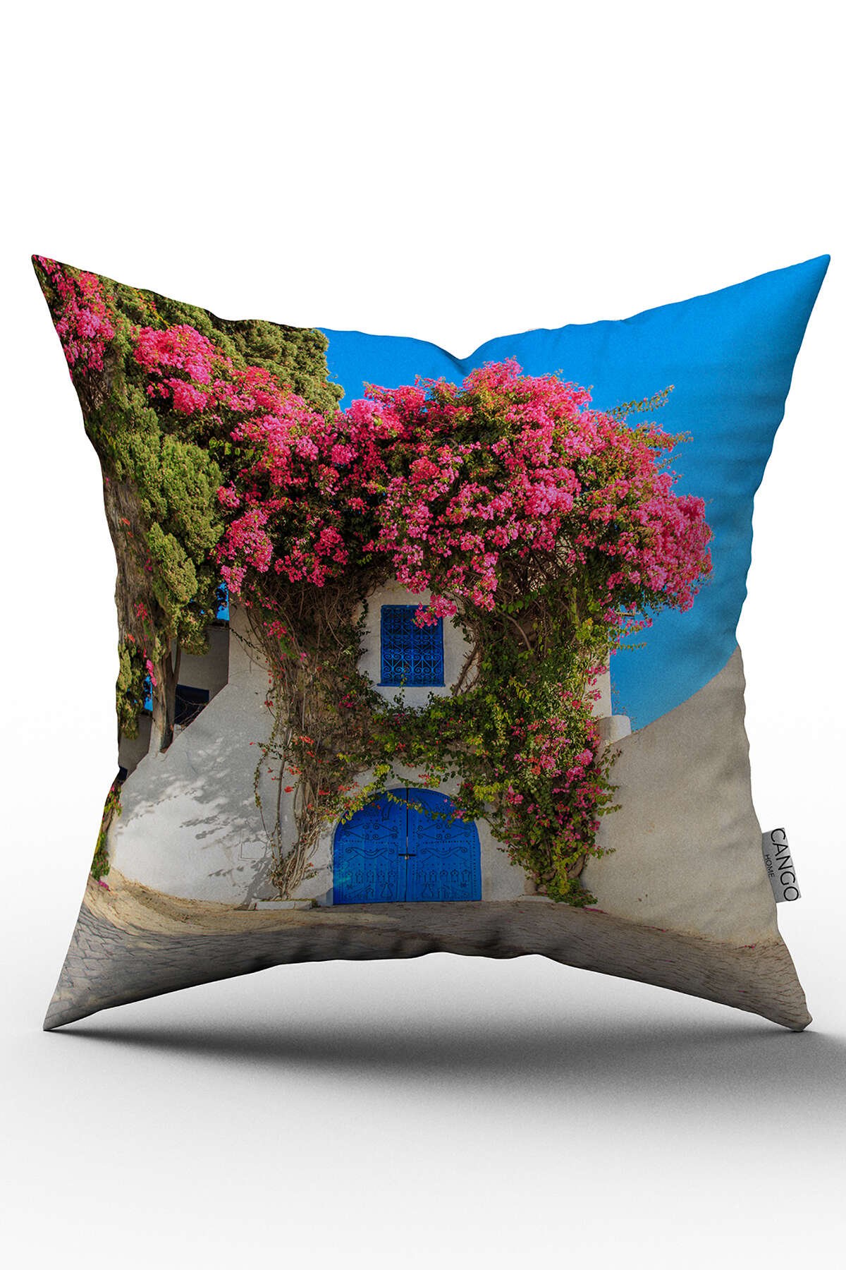 Pembe Çiçekli Bodrum Evi Dijital Baskı Kırlent Yastık Kılıfı  - CHCCK55