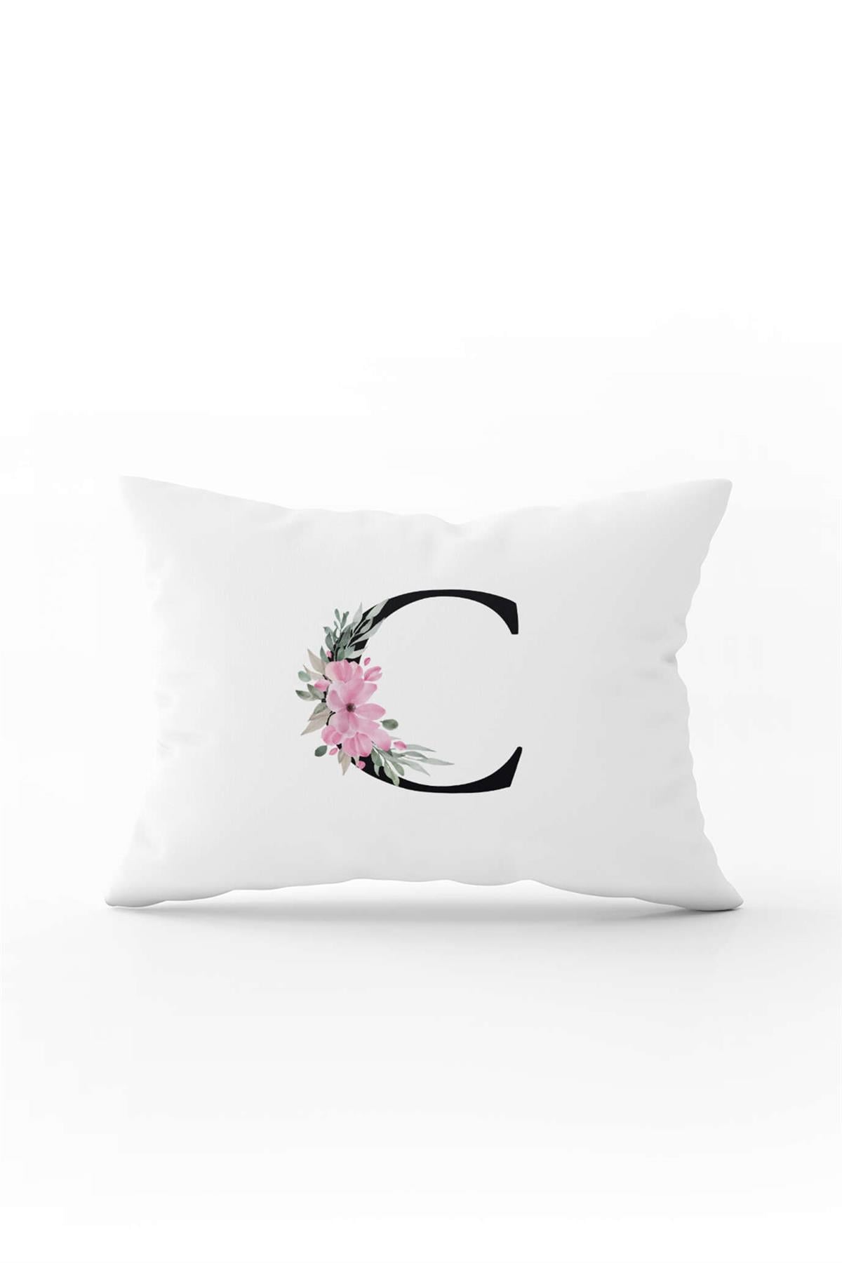 Pembe Çiçekli Siyah Harfli Çift Tarafı Dijital Baskılı Kırlent Kılıfı C Harfi
