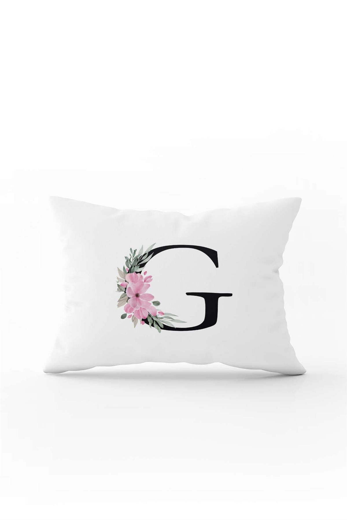 Pembe Çiçekli Siyah Harfli Çift Tarafı Dijital Baskılı Kırlent Kılıfı G Harfi
