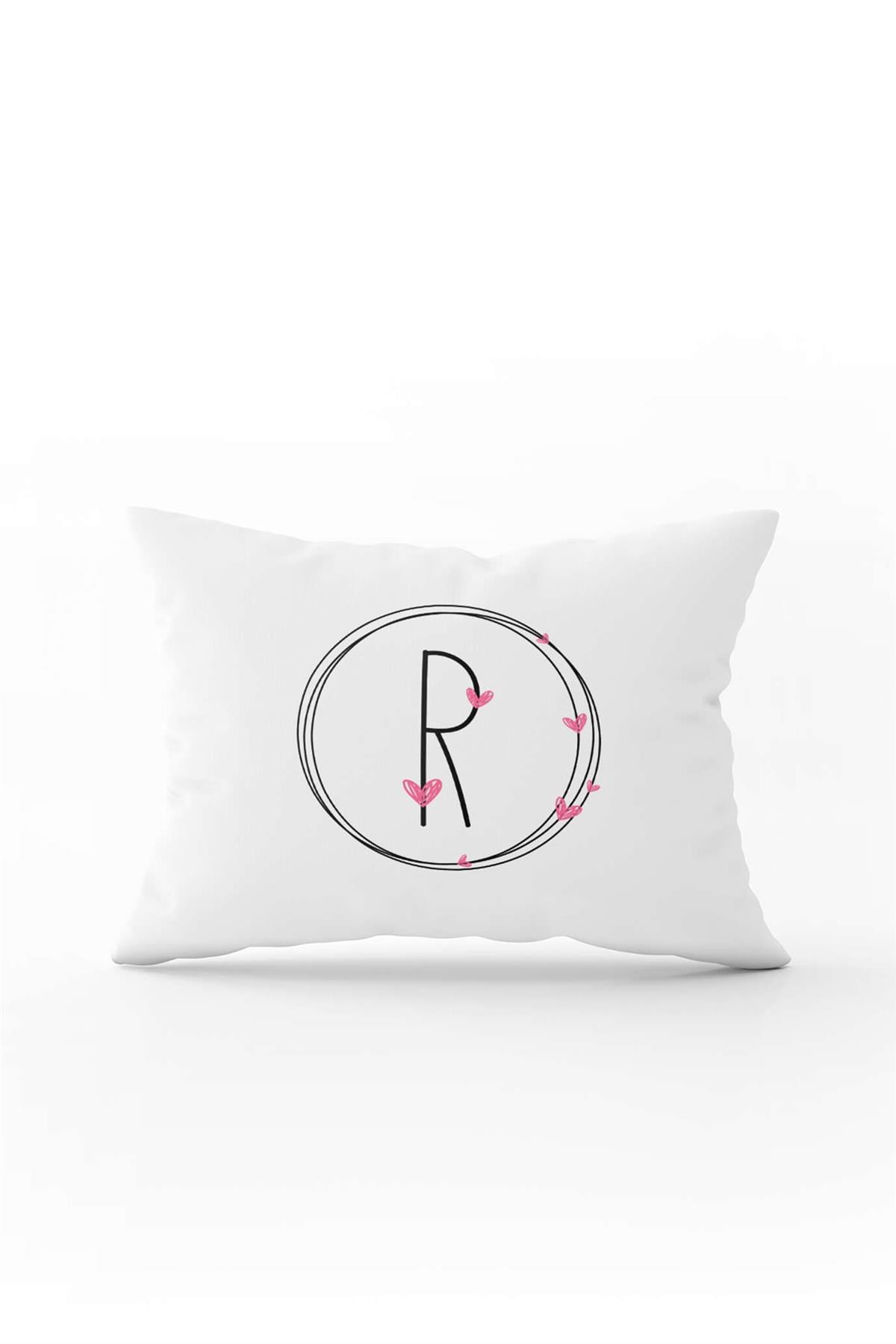 Pembe Kalpli Siyah Harfli Çift Tarafı Dijital Baskılı Kırlent Kılıfı R Harfi
