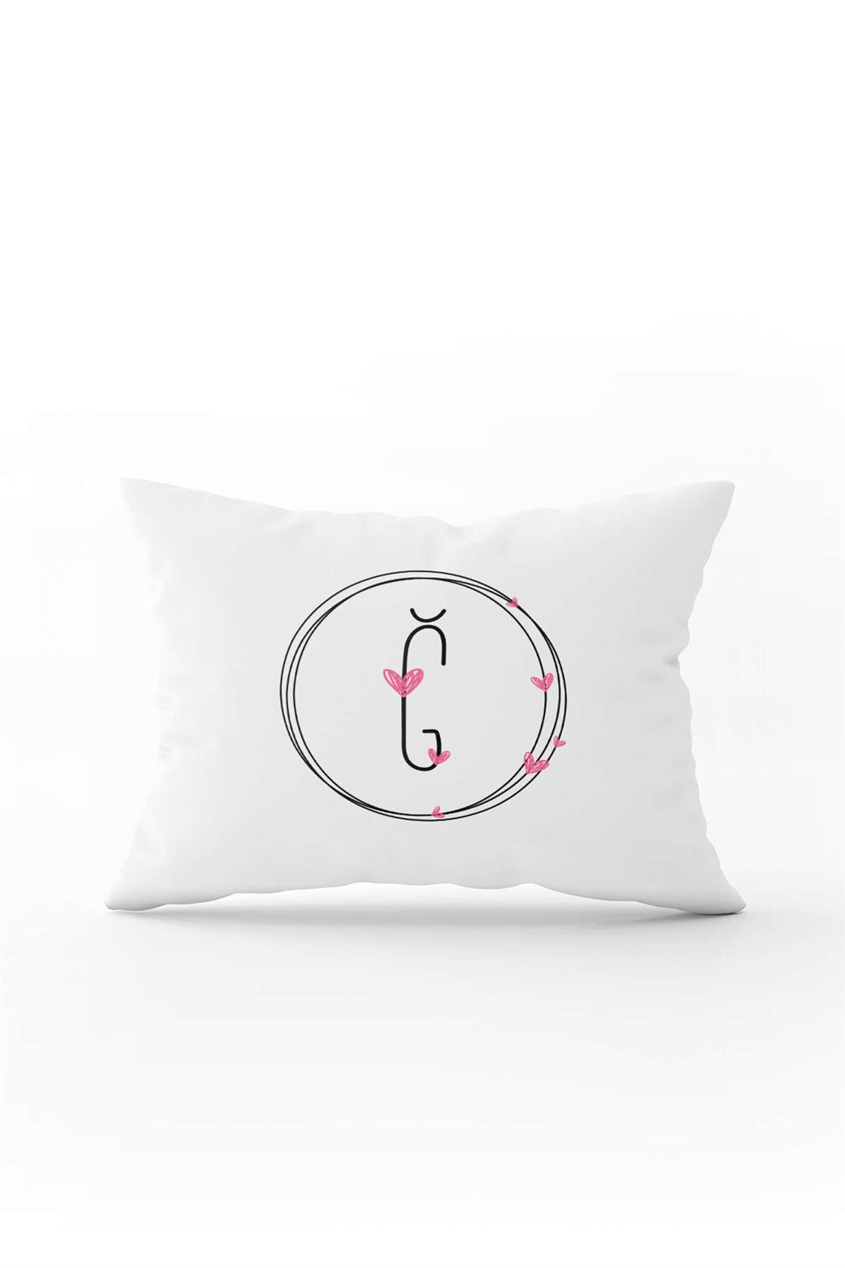 Pembe Kalpli Siyah Harfli Çift Tarafı Dijital Baskılı Kırlent Kılıfı Ğ Harfi