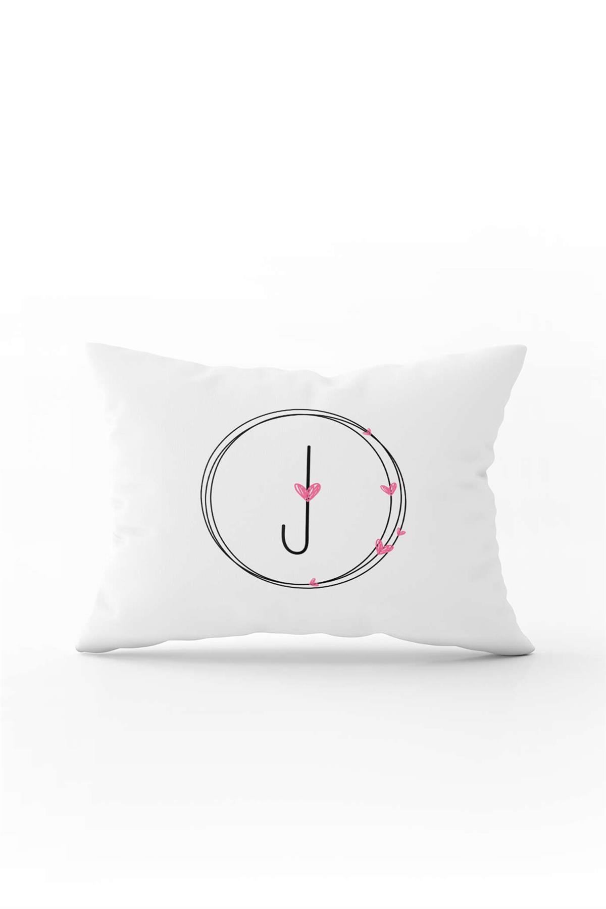 Pembe Kalpli Siyah Harfli Çift Tarafı Dijital Baskılı Kırlent Kılıfı J Harfi