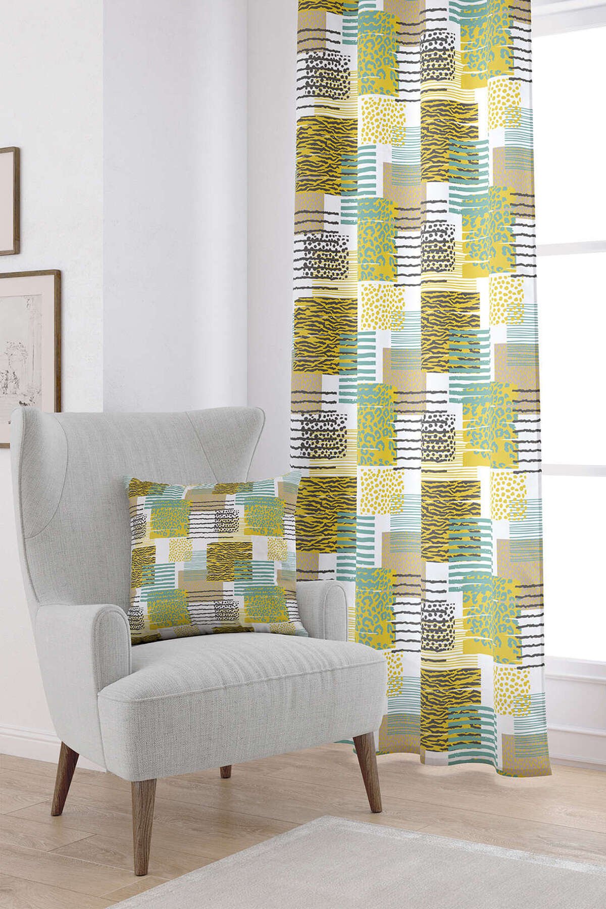 Sarı Mavi Modern Leopar Desenli Dijital Baskılı Perde CGH356-PR