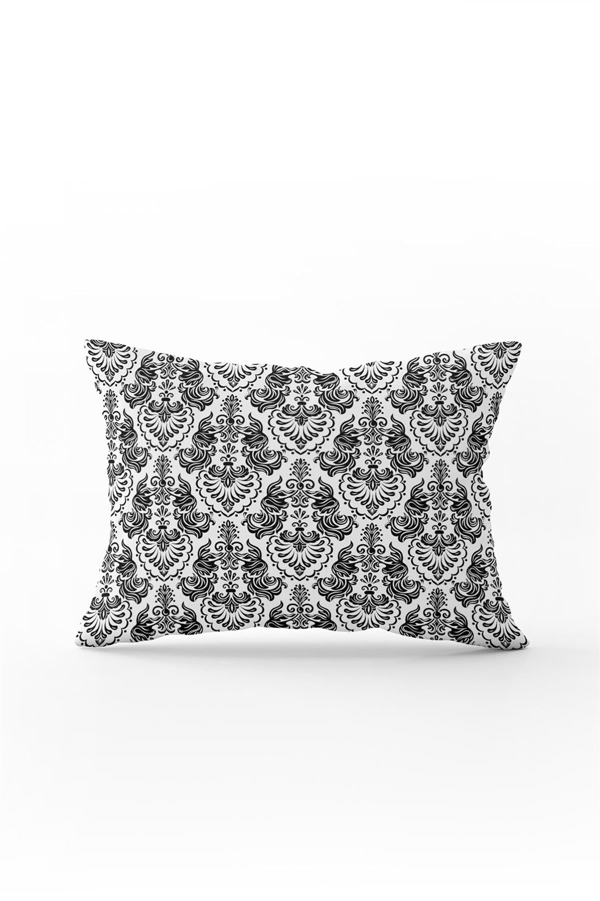 Siyah Beyaz Etnik Damask Desenli Kırlent Yastık Kılıfı - CGH343-3550 Çift Tarafı Baskılı
