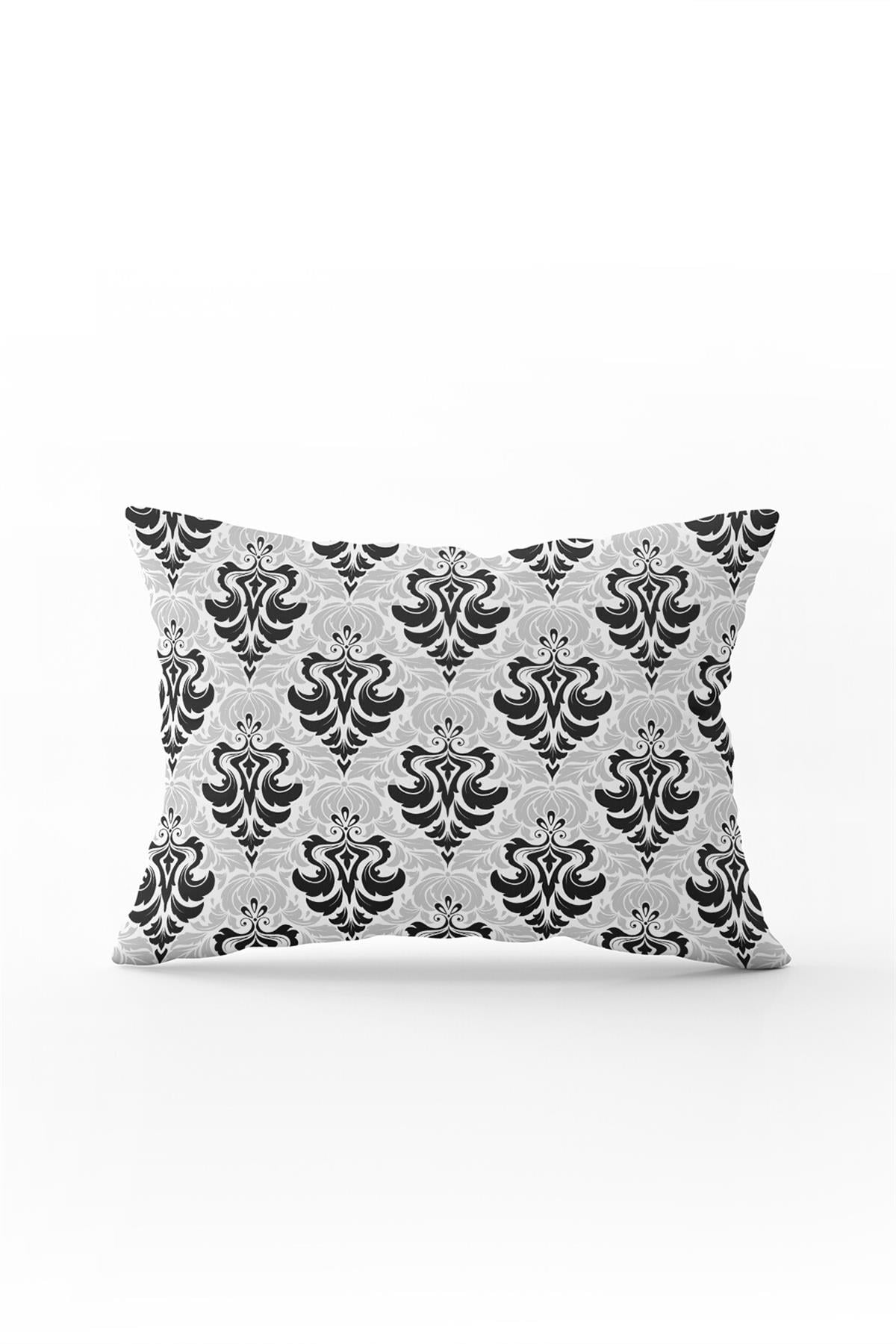 Siyah Beyaz Etnik Damask Desenli Kırlent Yastık Kılıfı - CGH344-3550 Çift Tarafı Baskılı