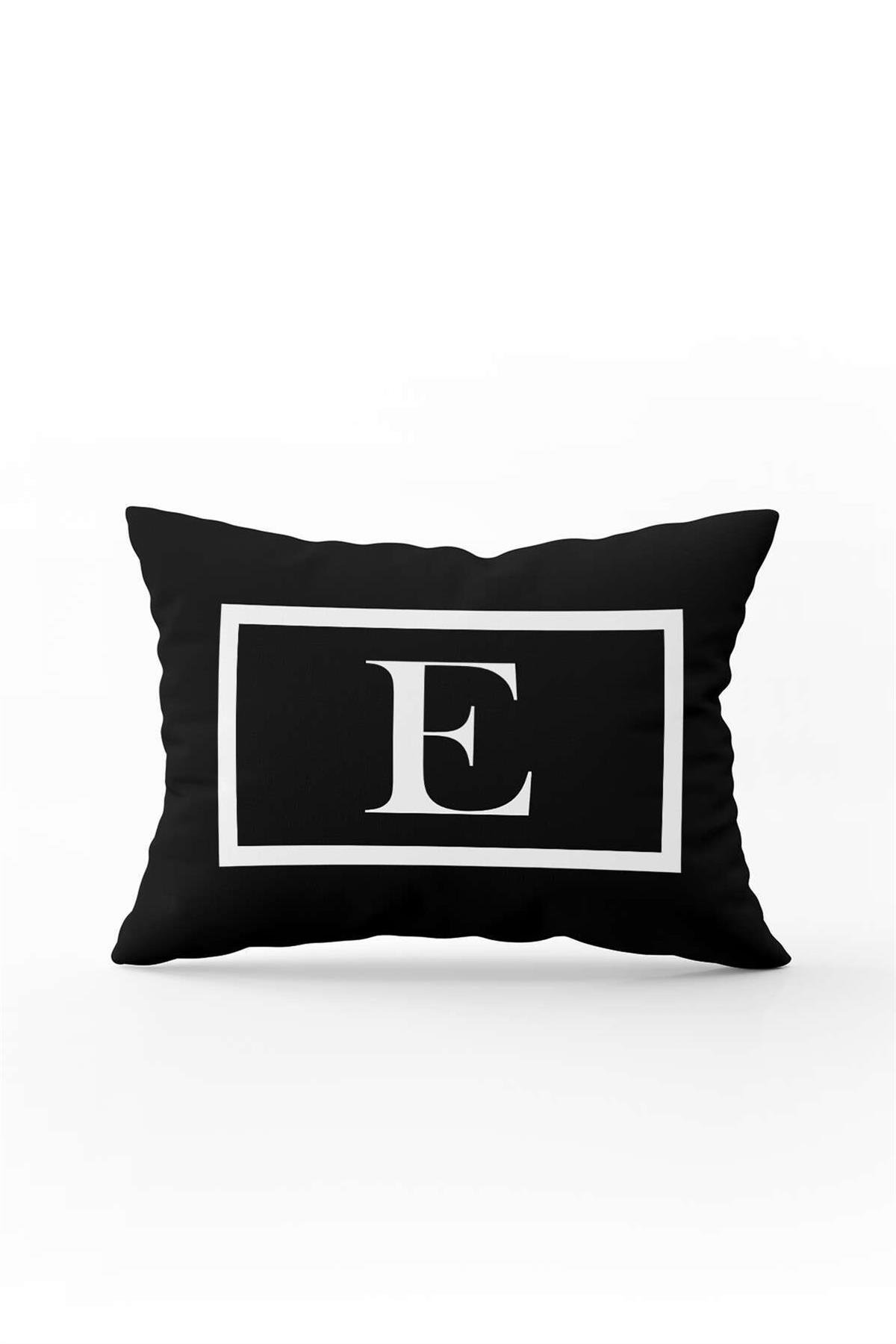 Siyah Beyaz Harfli Çift Tarafı Dijital Baskılı Kırlent Kılıfı E Harfi