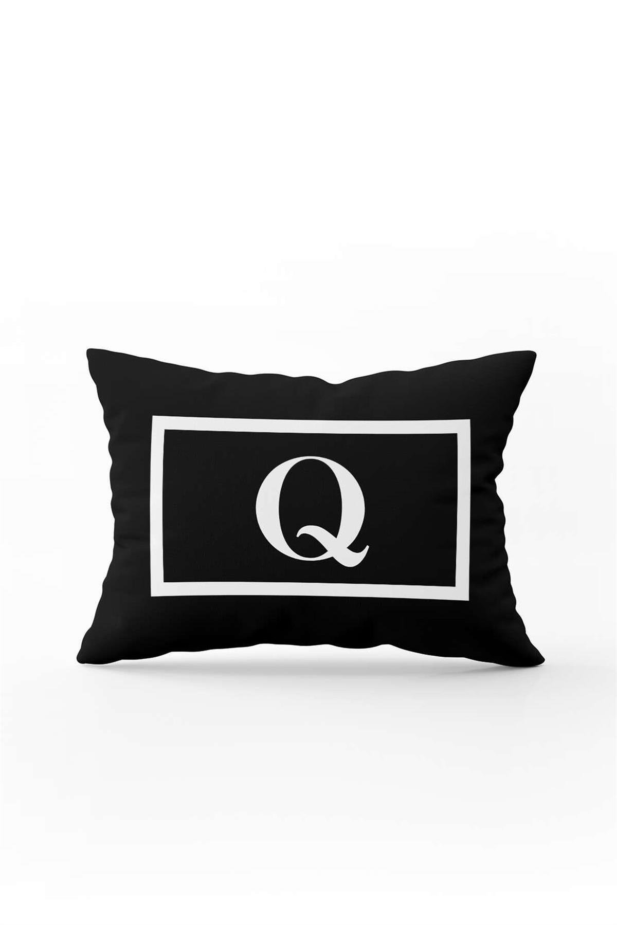 Siyah Beyaz Harfli Çift Tarafı Dijital Baskılı Kırlent Kılıfı Q Harfi