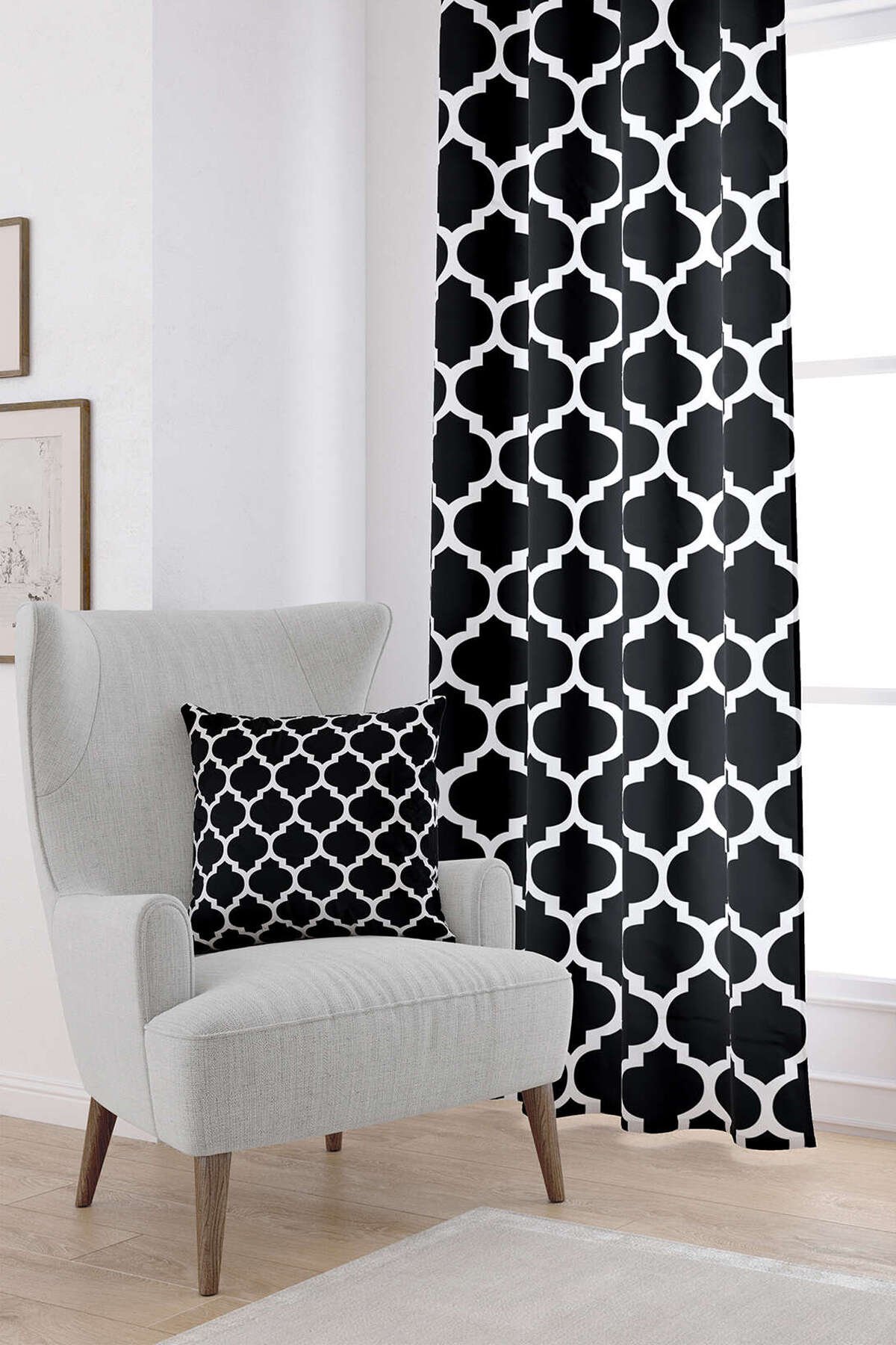 Siyah Beyaz Modern Geometrik Desenli Dijital Baskılı Perde OTYK552-PR