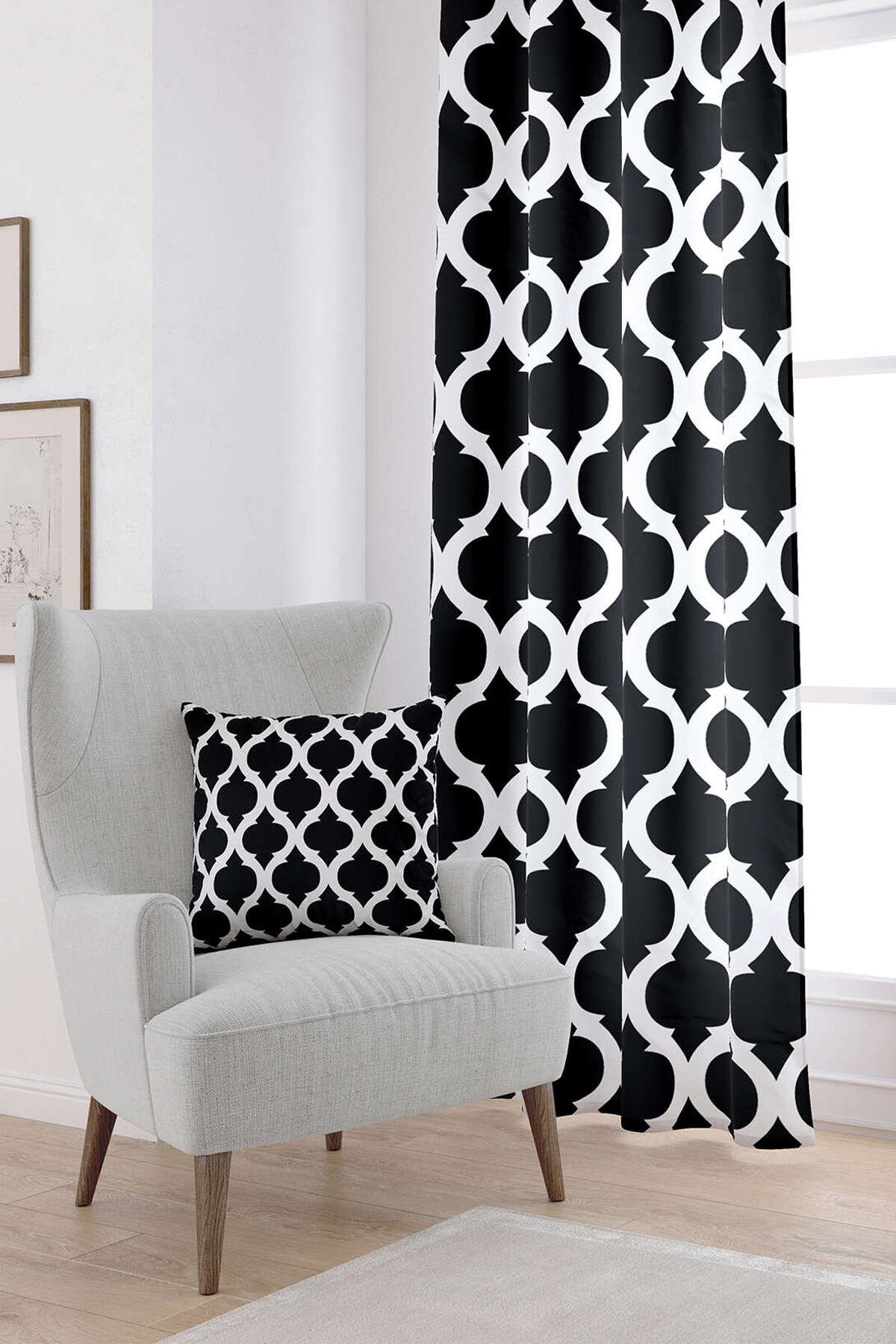Siyah Beyaz Modern Geometrik Desenli Dijital Baskılı Perde OTYK532-PR