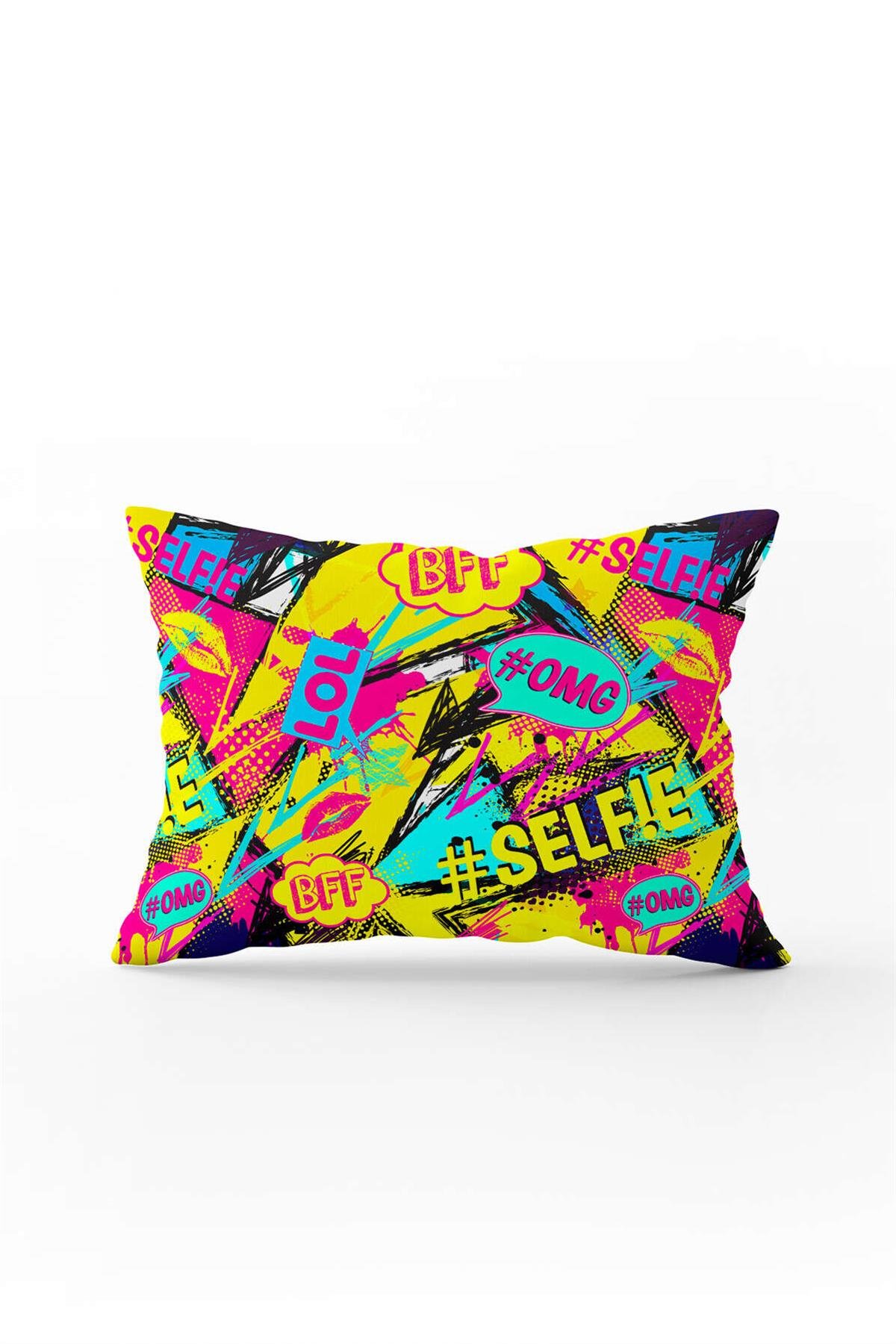Siyah Çok Renkli Popart Tarz Modern Dijital Baskı Kırlent Yastık Kılıfı - CGH442-3550 Çift Tarafı Baskılı