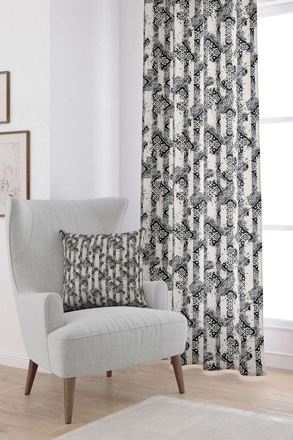 Siyah Krem Damask Desenli Dijital Baskılı Perde CGH099-PR