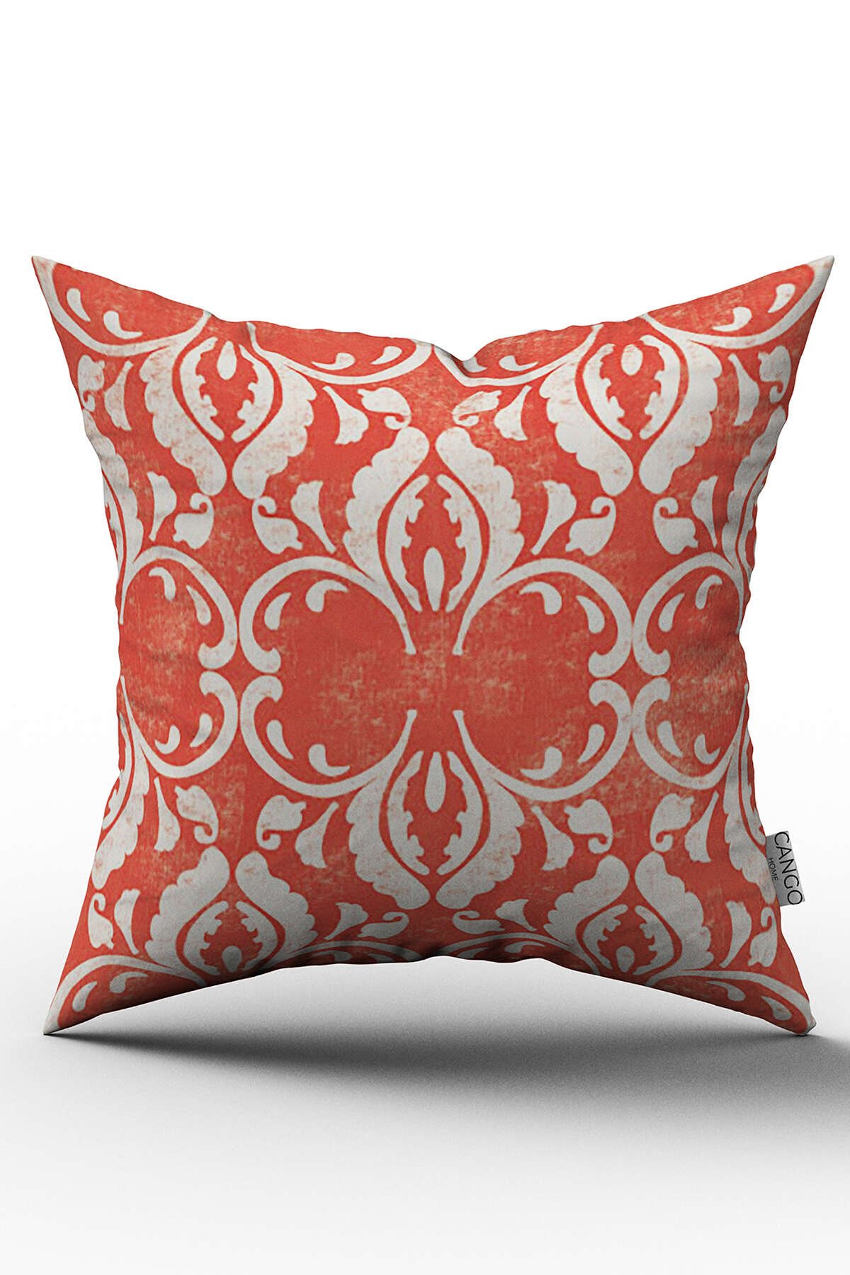 Turuncu Beyaz Damask Desenli Dijital Baskılı Kırlent Kılıfı  - OTYK064