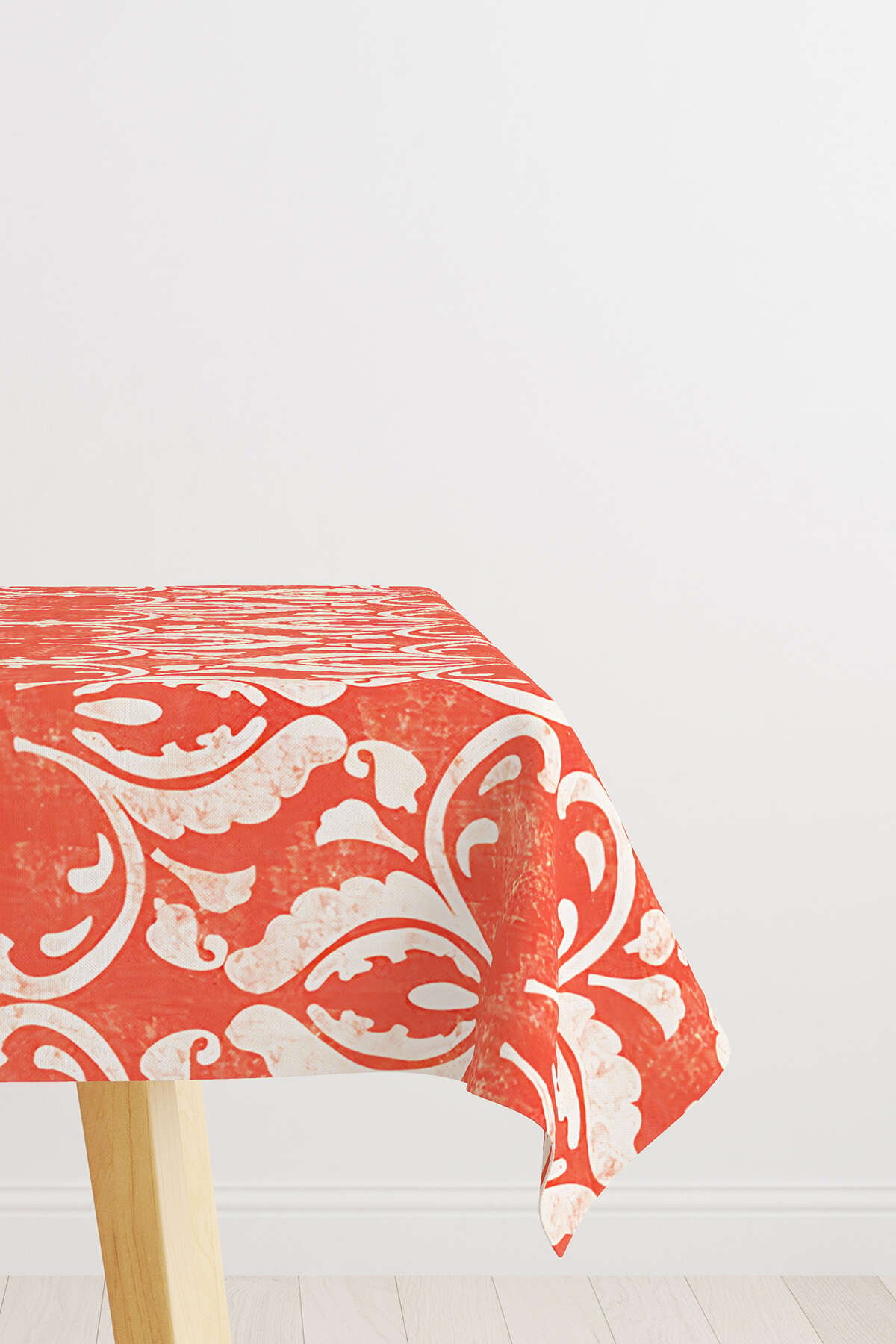 Turuncu Beyaz Damask Desenli Dijital Baskılı Masaörtüsü OTYK064-MS