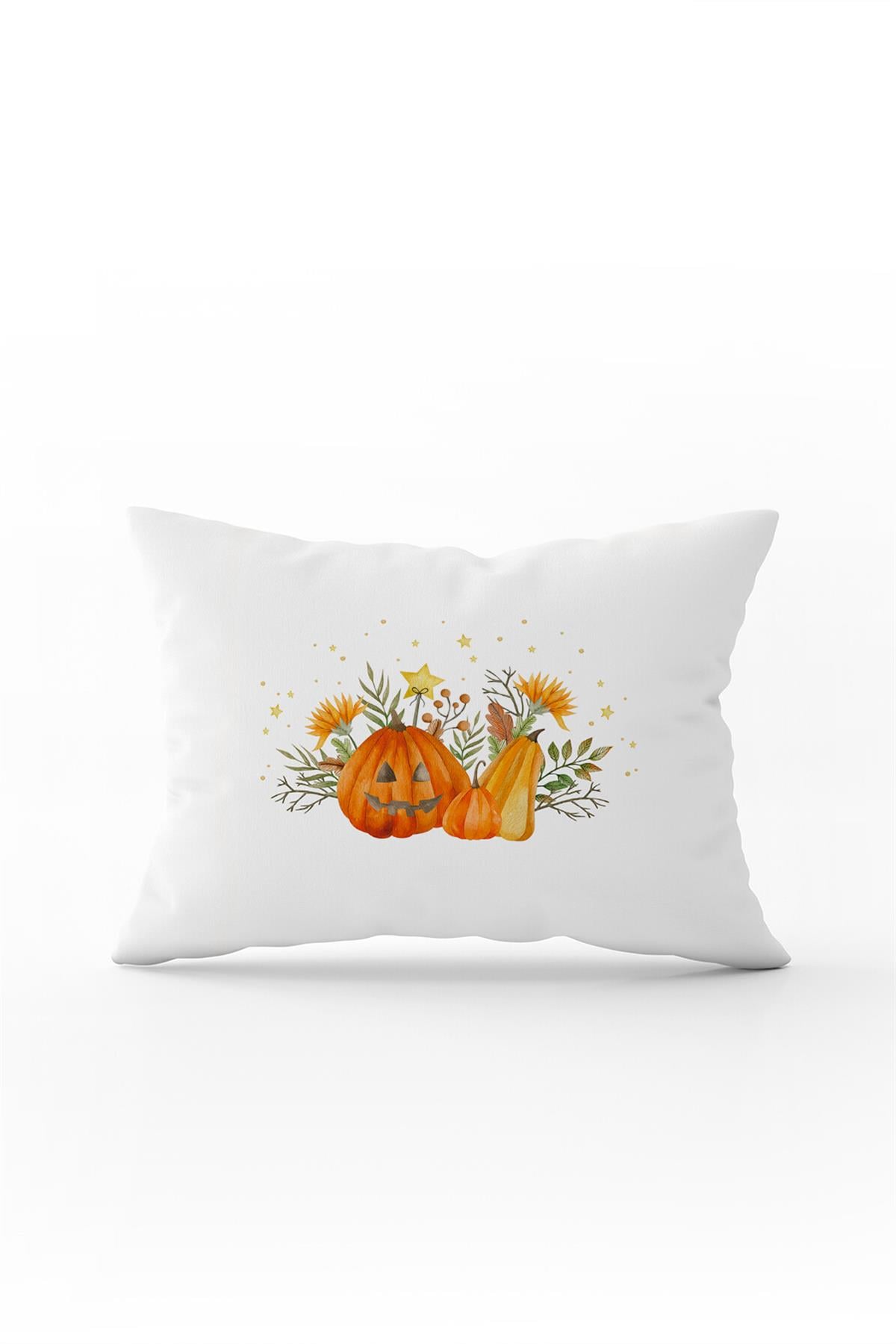 Turuncu Halloween Balkabağı Desenli Dijital Baskılı Kırlent Kılıfı CGH758-3550 Çift Tarafı Baskılı