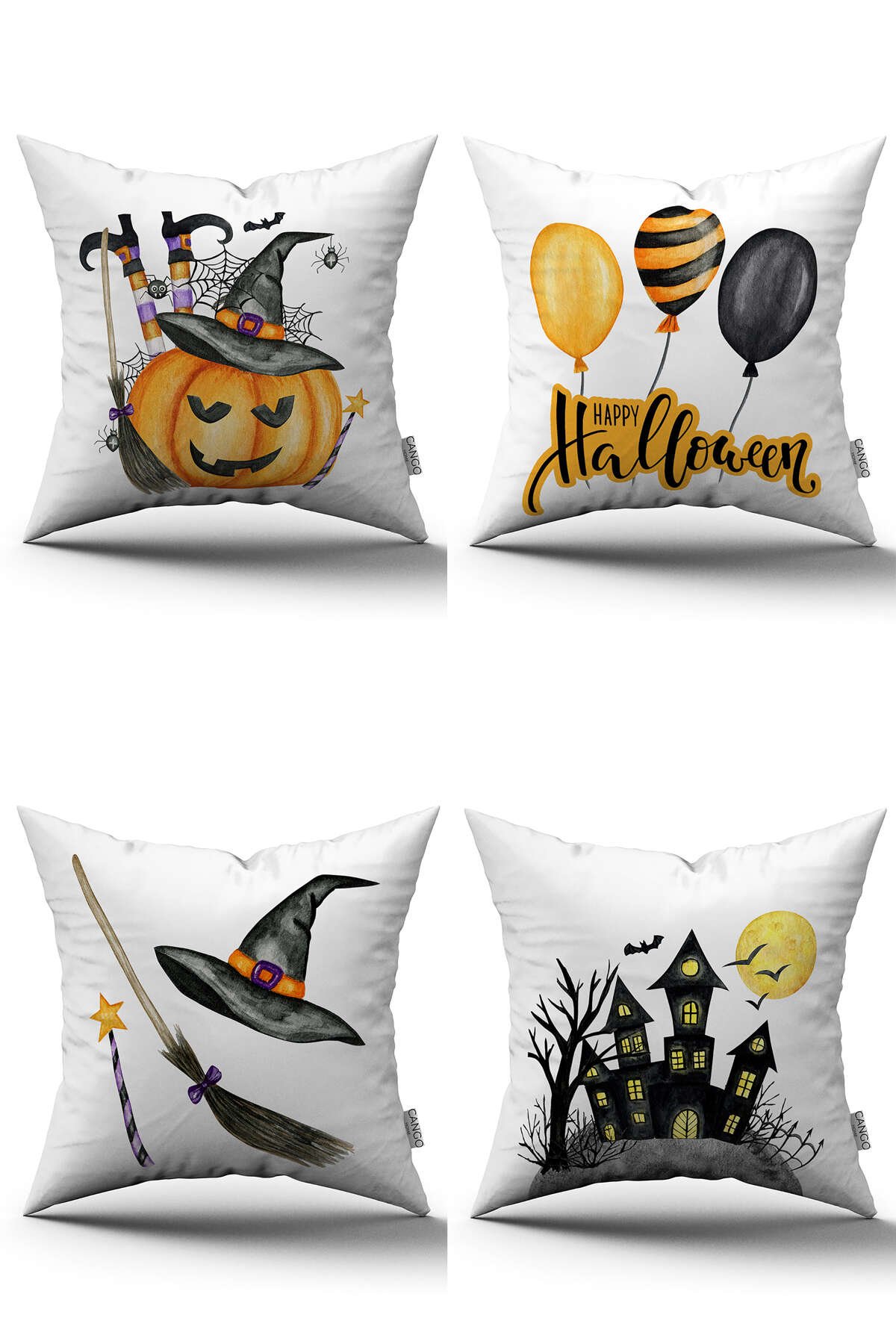Turuncu Halloween Balkabağı Desenli Dijital Baskılı Kırlent Kılıfı Seti 4kmbs130