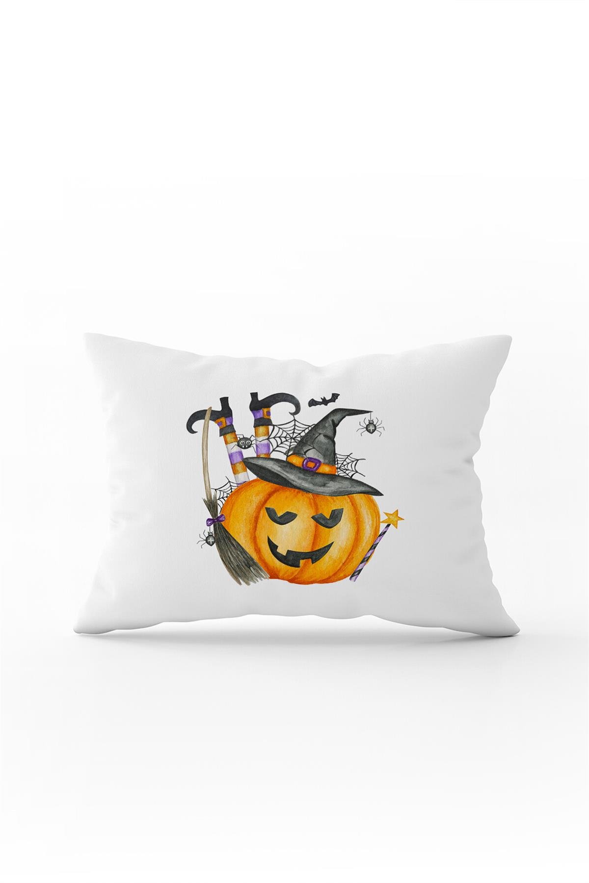 Turuncu Halloween Balkabağı Desenli Dijital Baskılı Kırlent Kılıfı CGH746-3550 Çift Tarafı Baskılı
