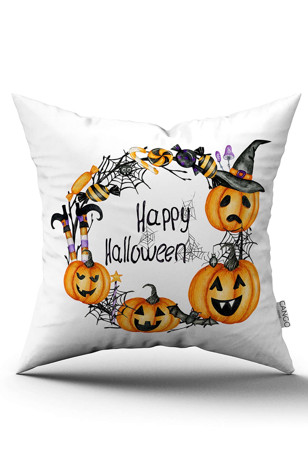 Turuncu Halloween Balkabağı Desenli Dijital Baskılı Kırlent Kılıfı CGH754
