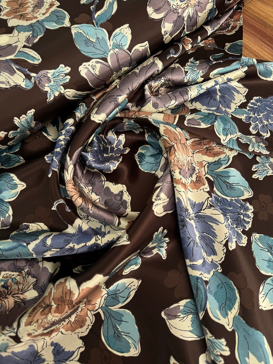 Zeymra - Vintage Çiçekler İpek Saten Emprime Kumaş