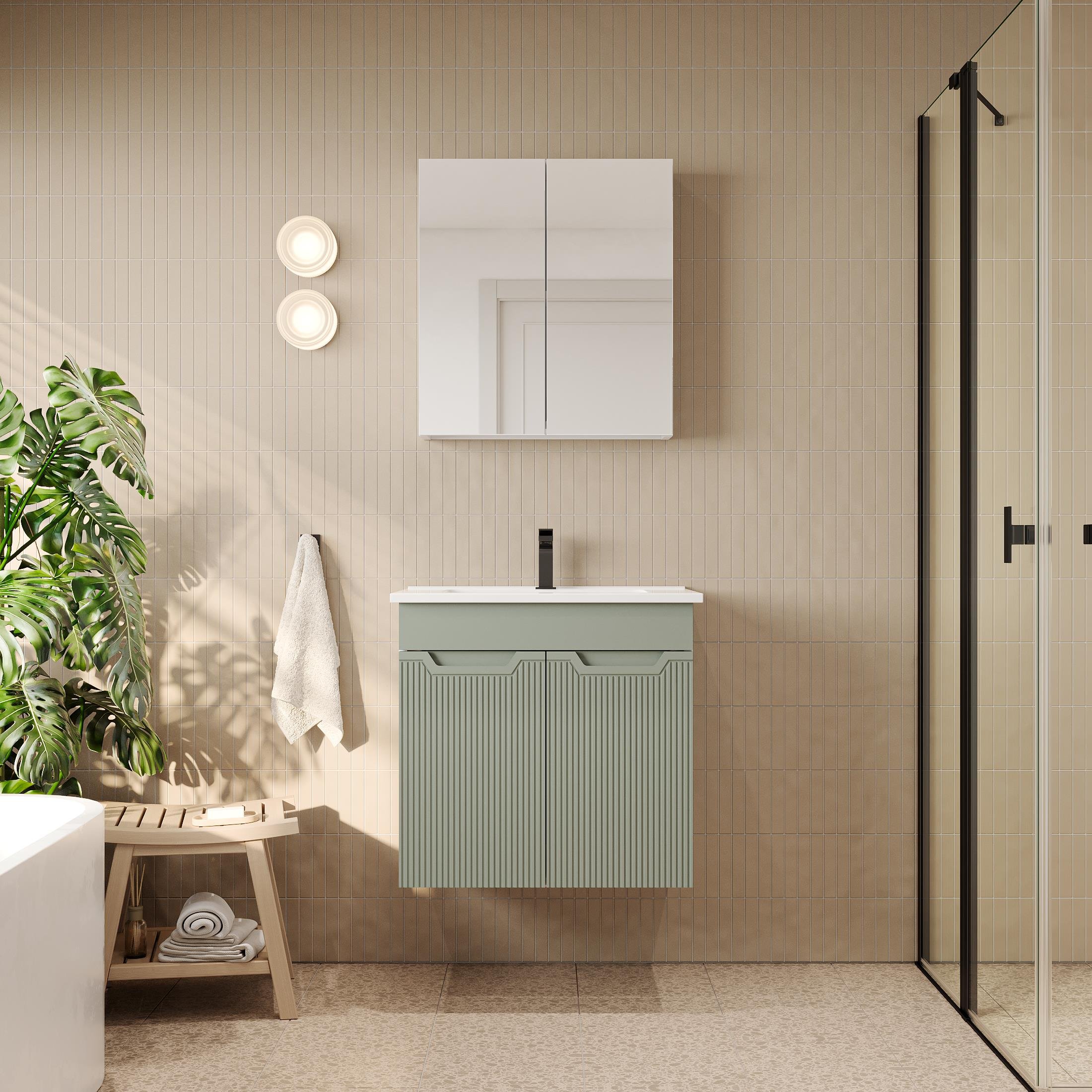 Banyo Dolabı, Ayna Ve Lavabo Seti, 65 Cm, Soft Su Yeşili