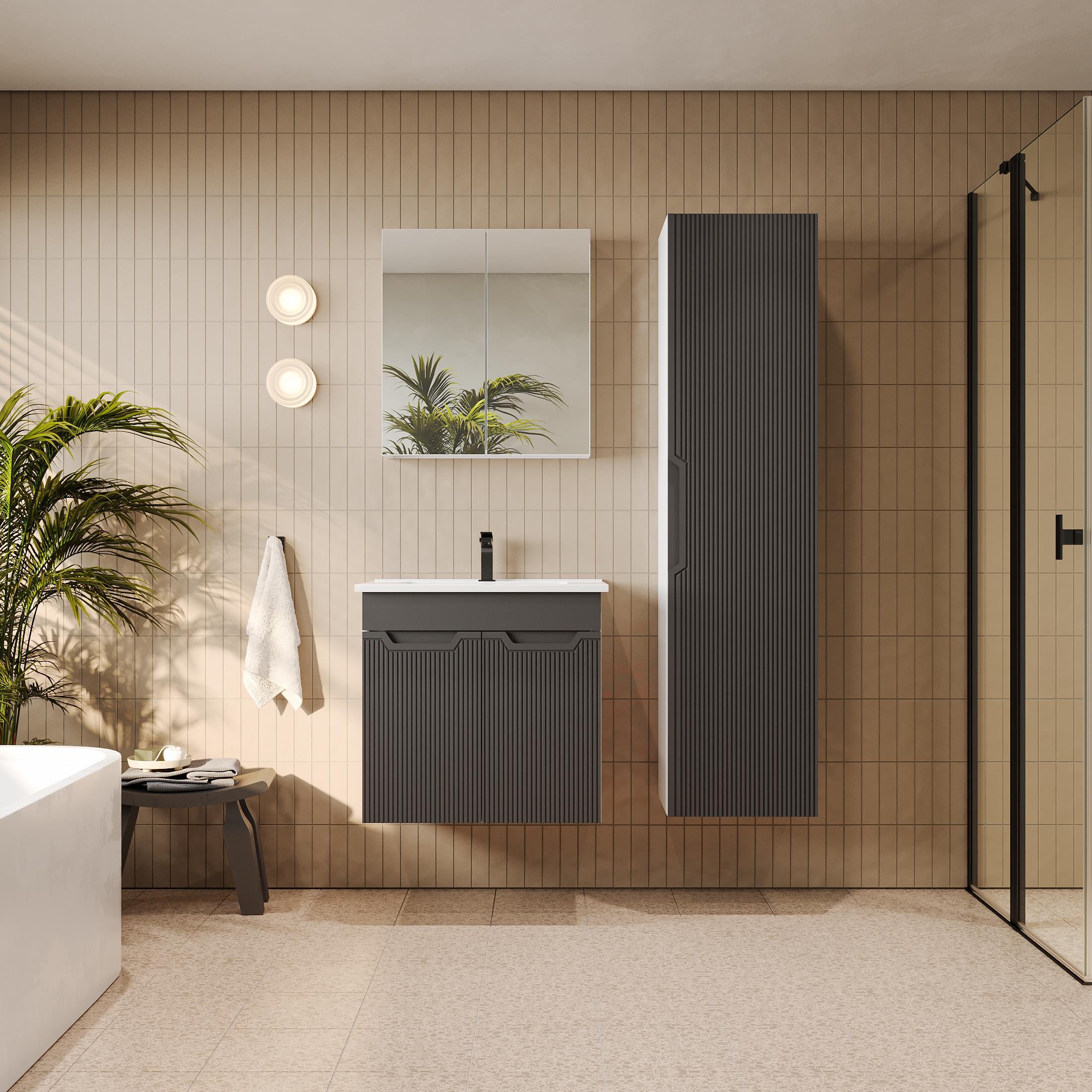 Banyo Dolabı, Ayna Ve Lavabo Seti, Boy Dolaplı 65 Cm, Antrasit Gri