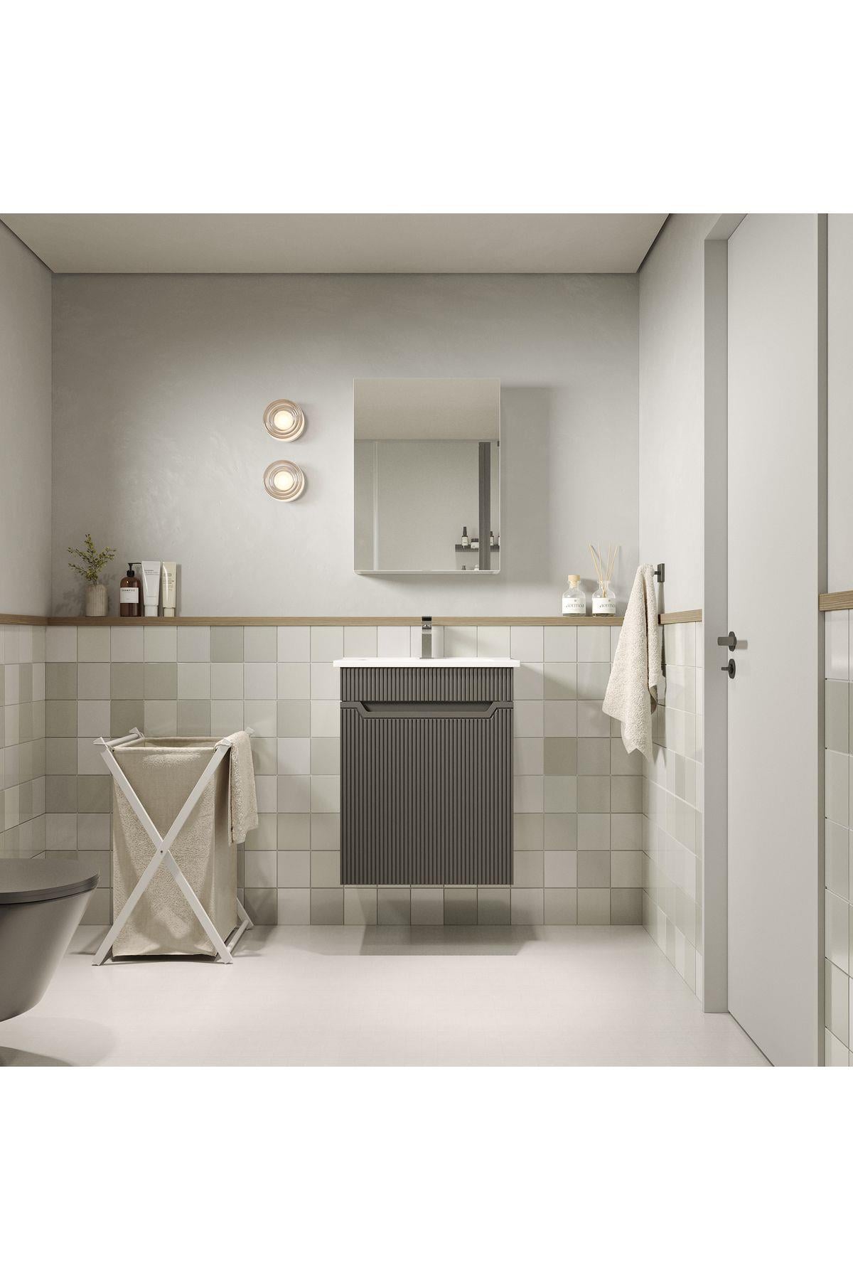 Banyo Dolabi Aynali Cnc İşlemeli̇ Membran Kapakli 55 Cm