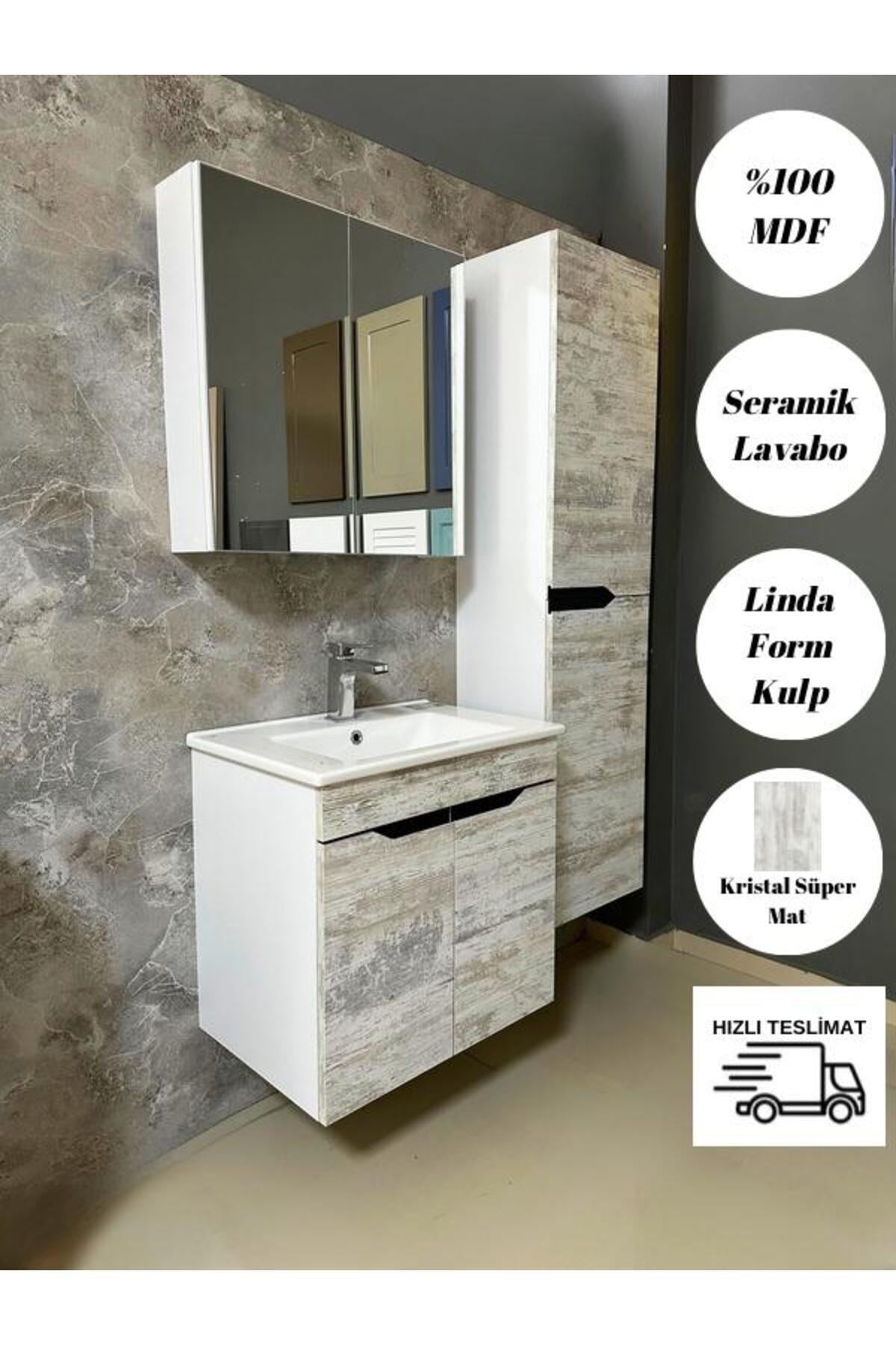 Banyo Dolabı Mdf 65 cm Boy Dolaplı Linda Form Kulplu