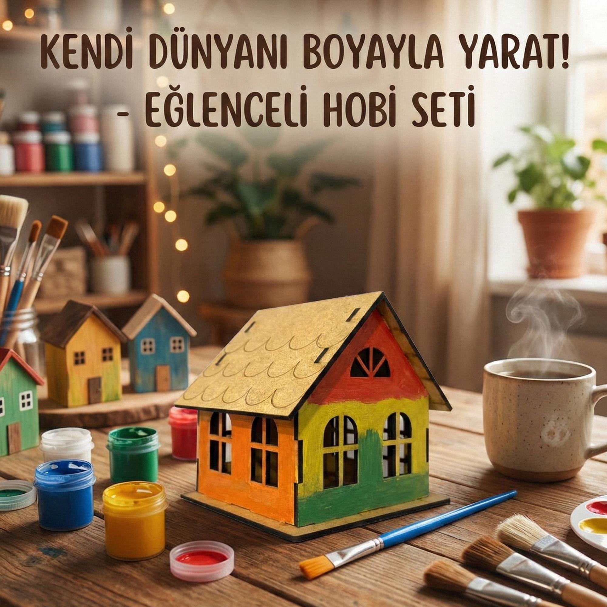 MDF Kendin Boya Ahşap Ev Seti – 6 Renk Boya ve Fırçalı Eğitici Hobi Oyuncağı