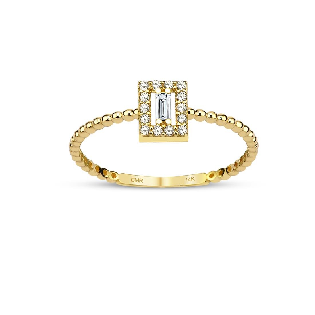 14 Ayar Altın Beyaz Taşlı Desenli Baget Yüzük