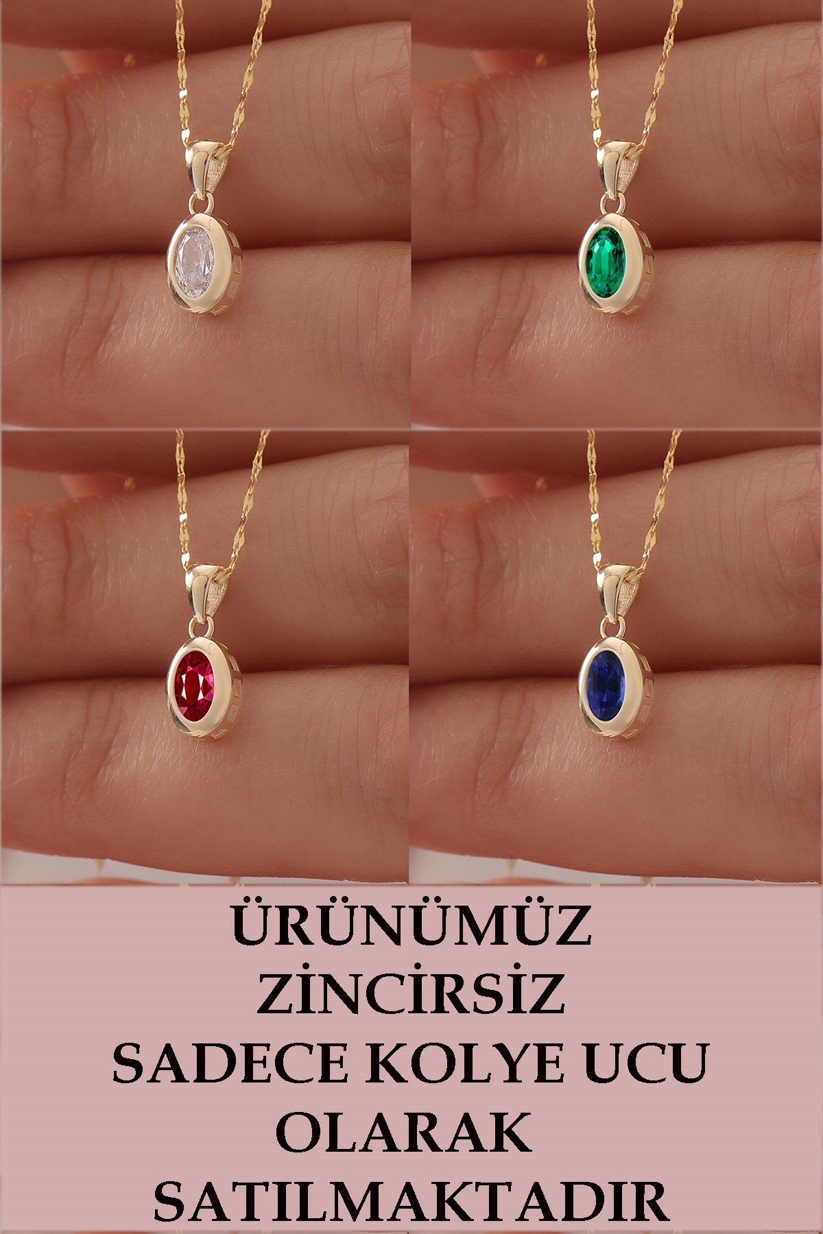 14 Ayar Altın Oval Tek Taş Kolye Ucu