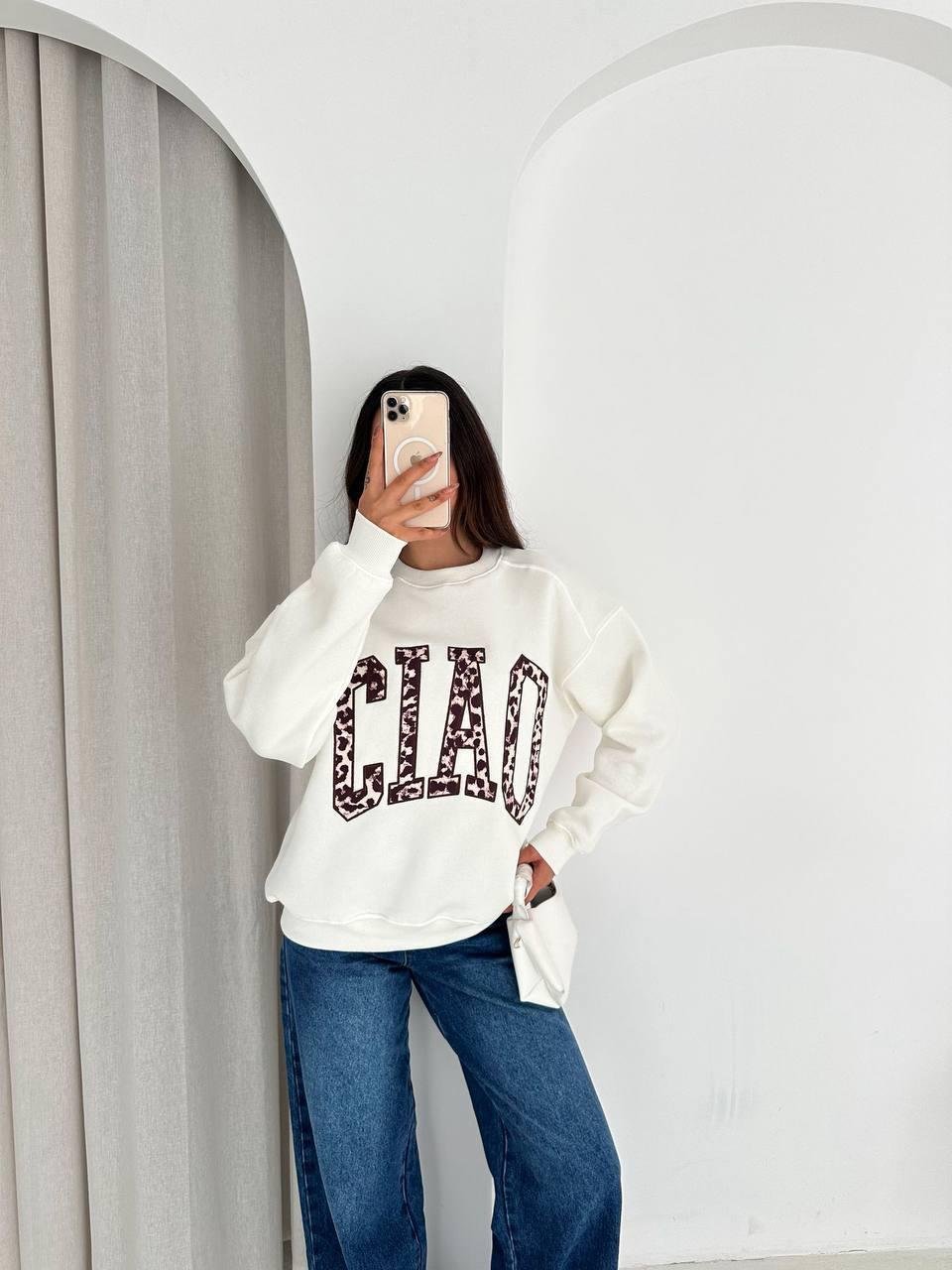 Beyaz Ciao Leo Nakışlı Sweatshirt
