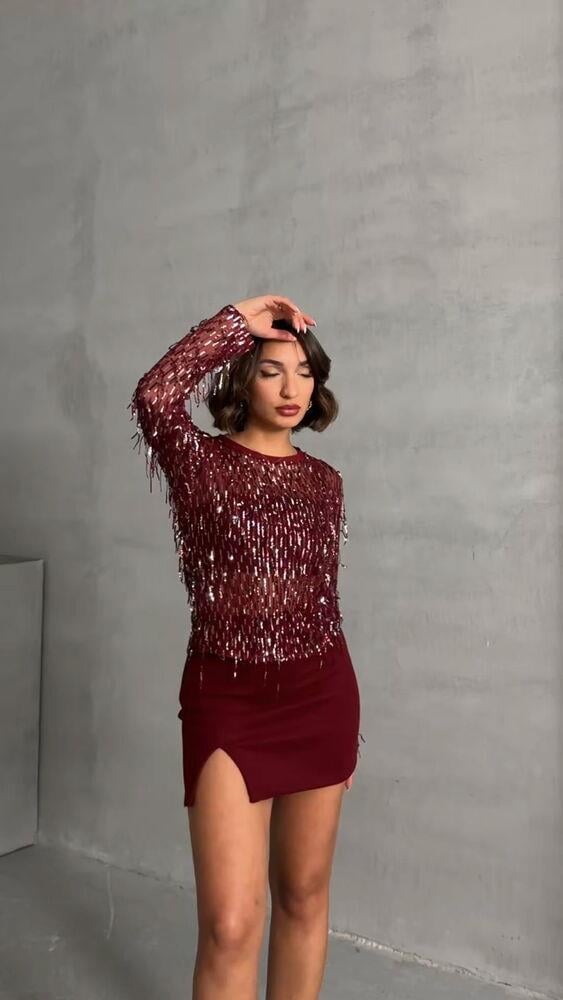 Bordo Saçaklı Pul Payetli Bluz