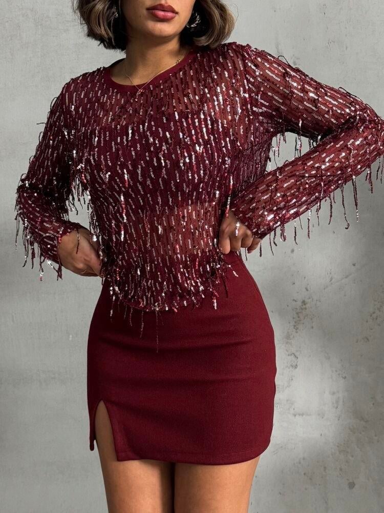 Bordo Saçaklı Pul Payetli Bluz