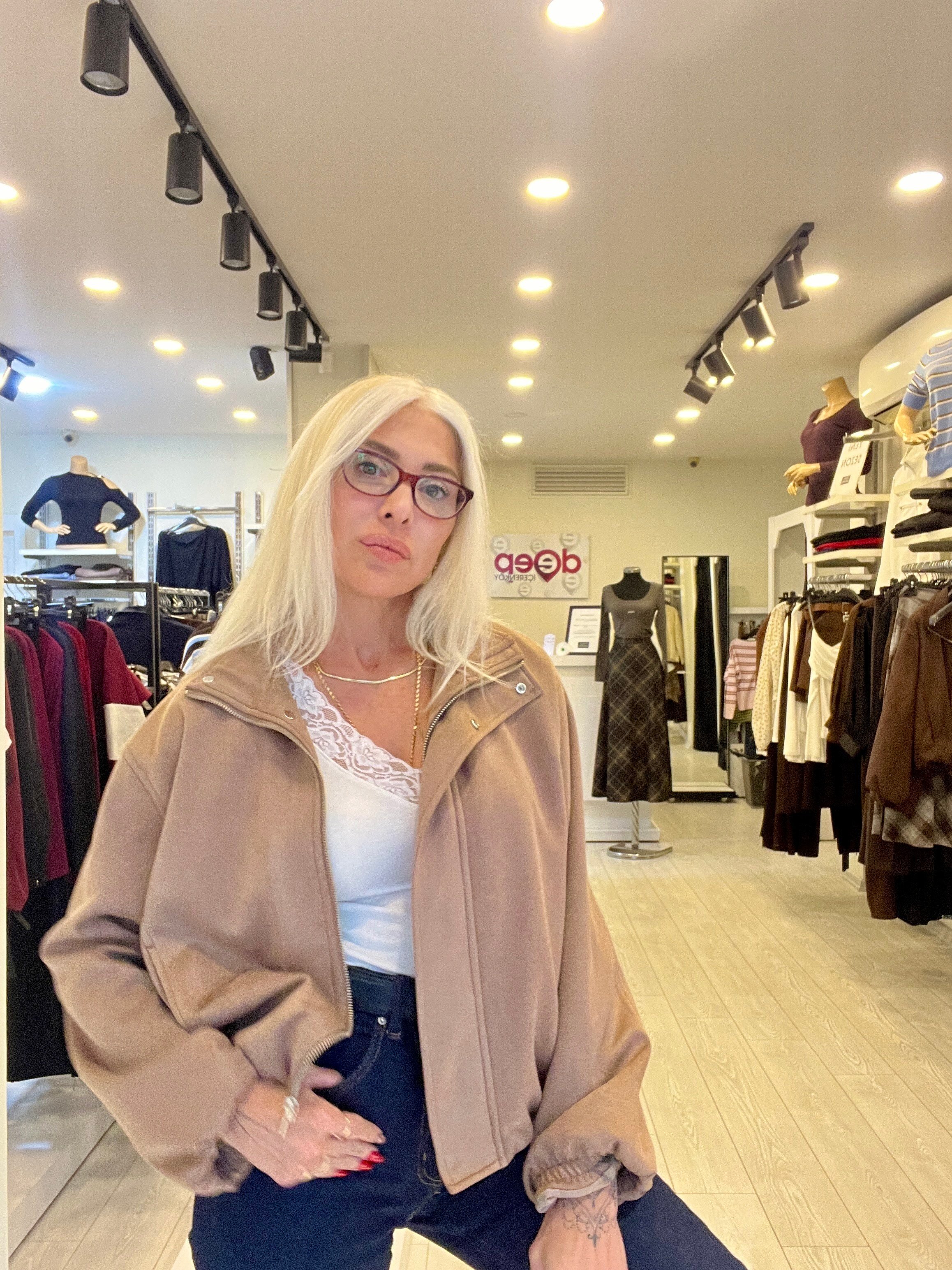 Camel Dik Yakalı Süet Bomber Ceket