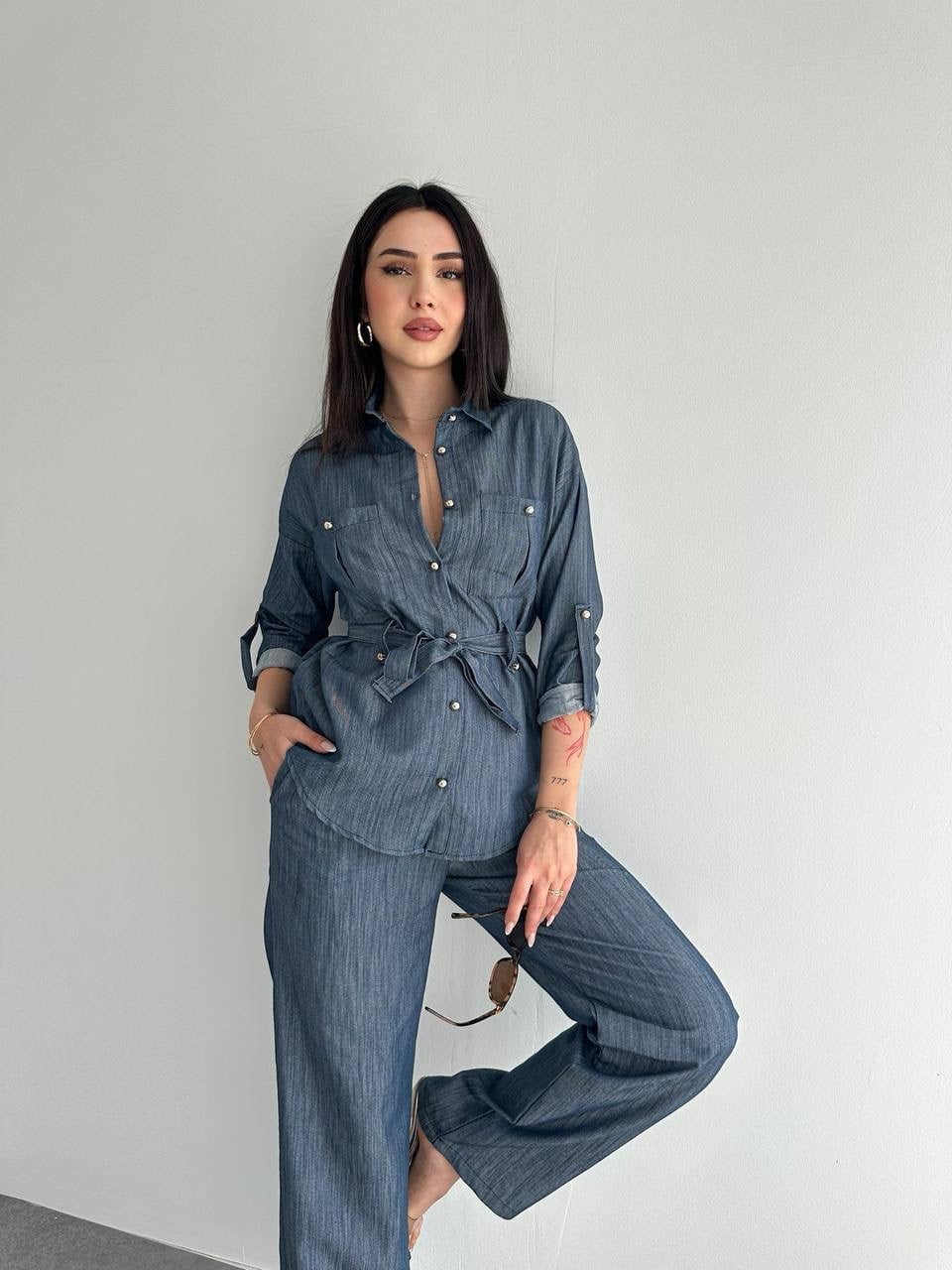 Denim Gold Düğmeli Tensel Takım