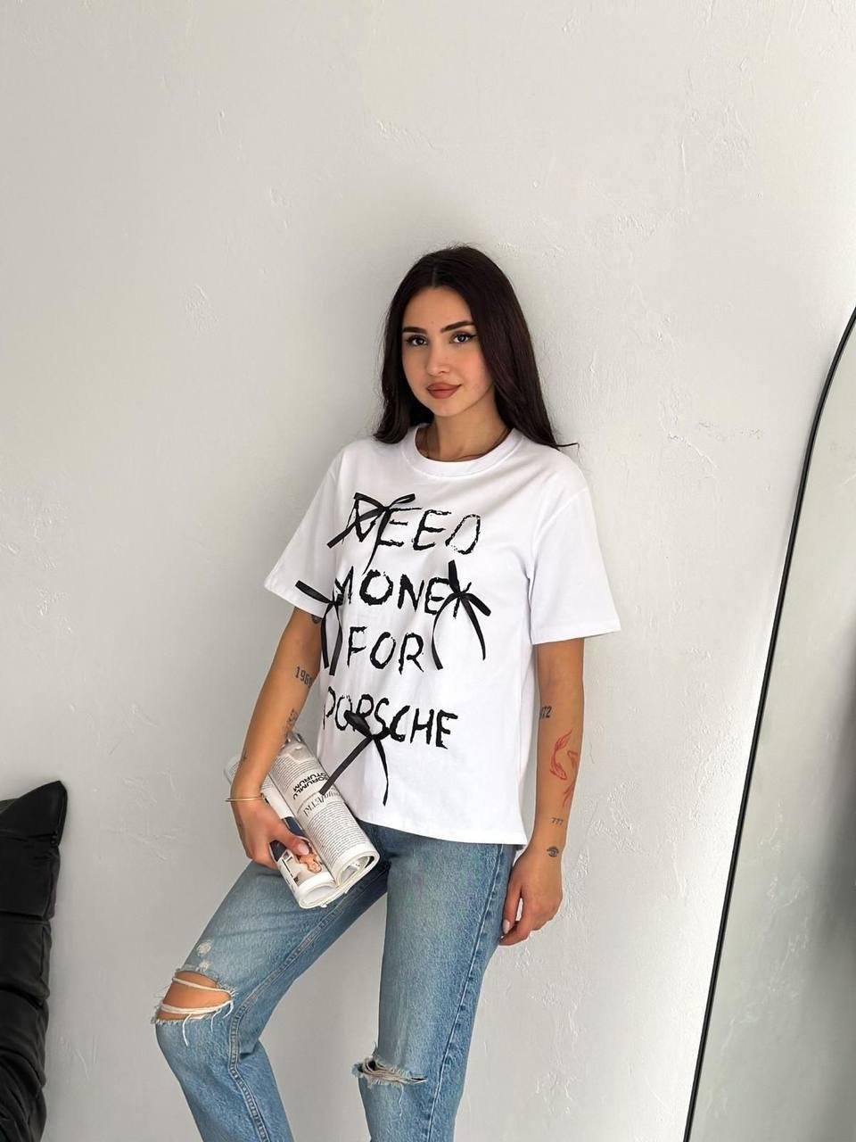 Fiyonklu Need Money Baskılı Oversize T-Shirt