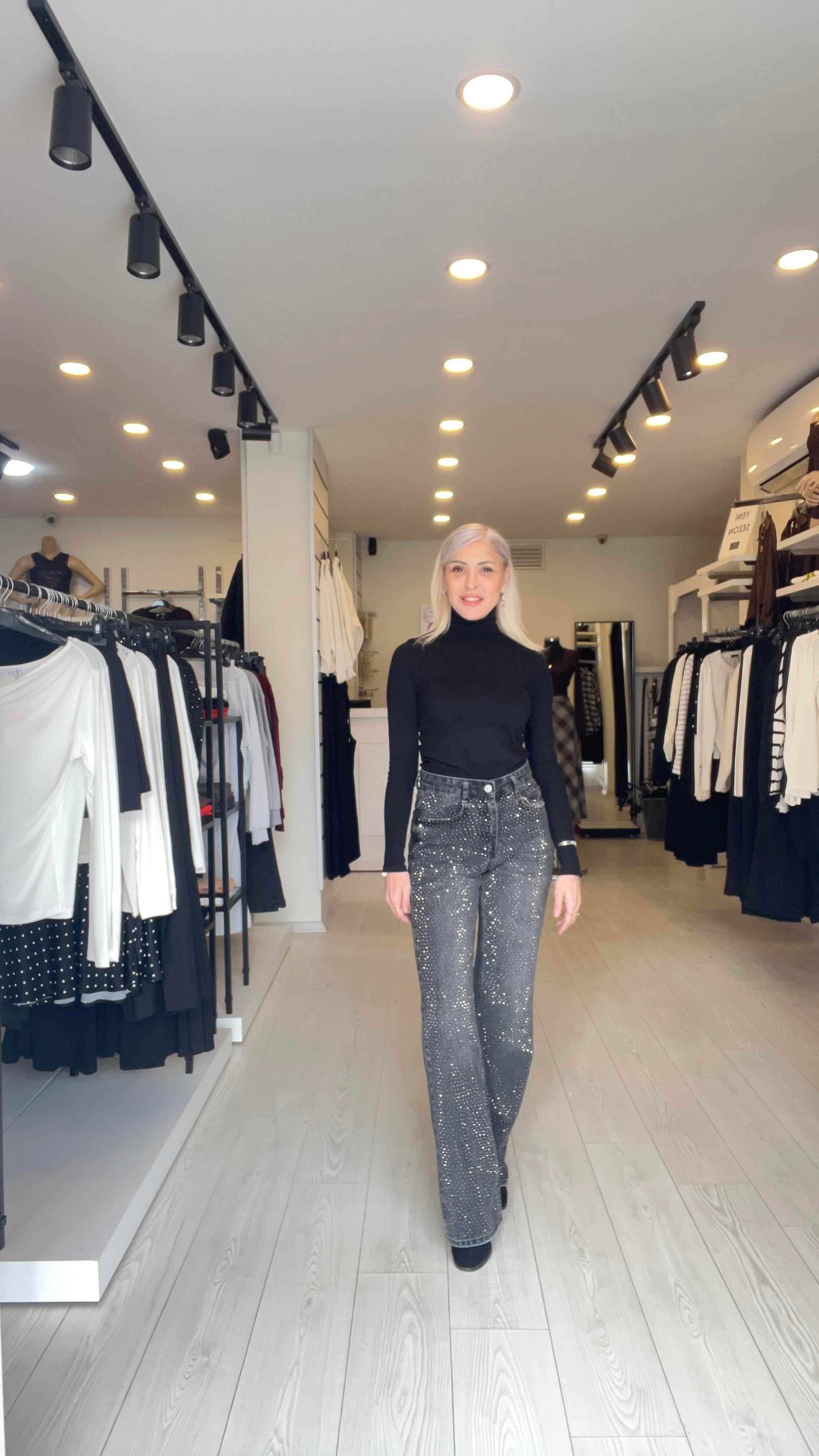 Füme Ön Full Taşlı Wideleg Jean Pantolon