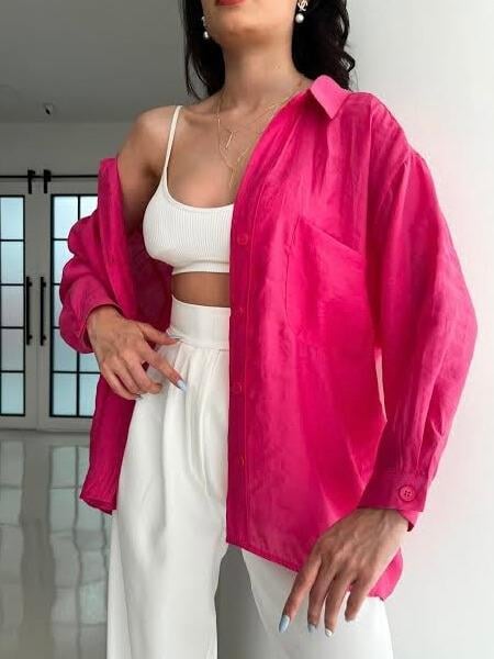 Fuşya Düşük Omuzlu Oversize Gömlek