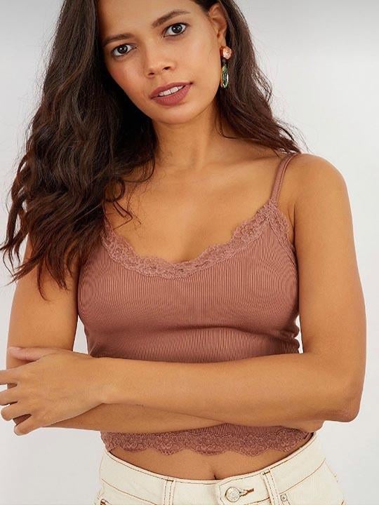 İp Askılı Dantel Detaylı Camel Crop