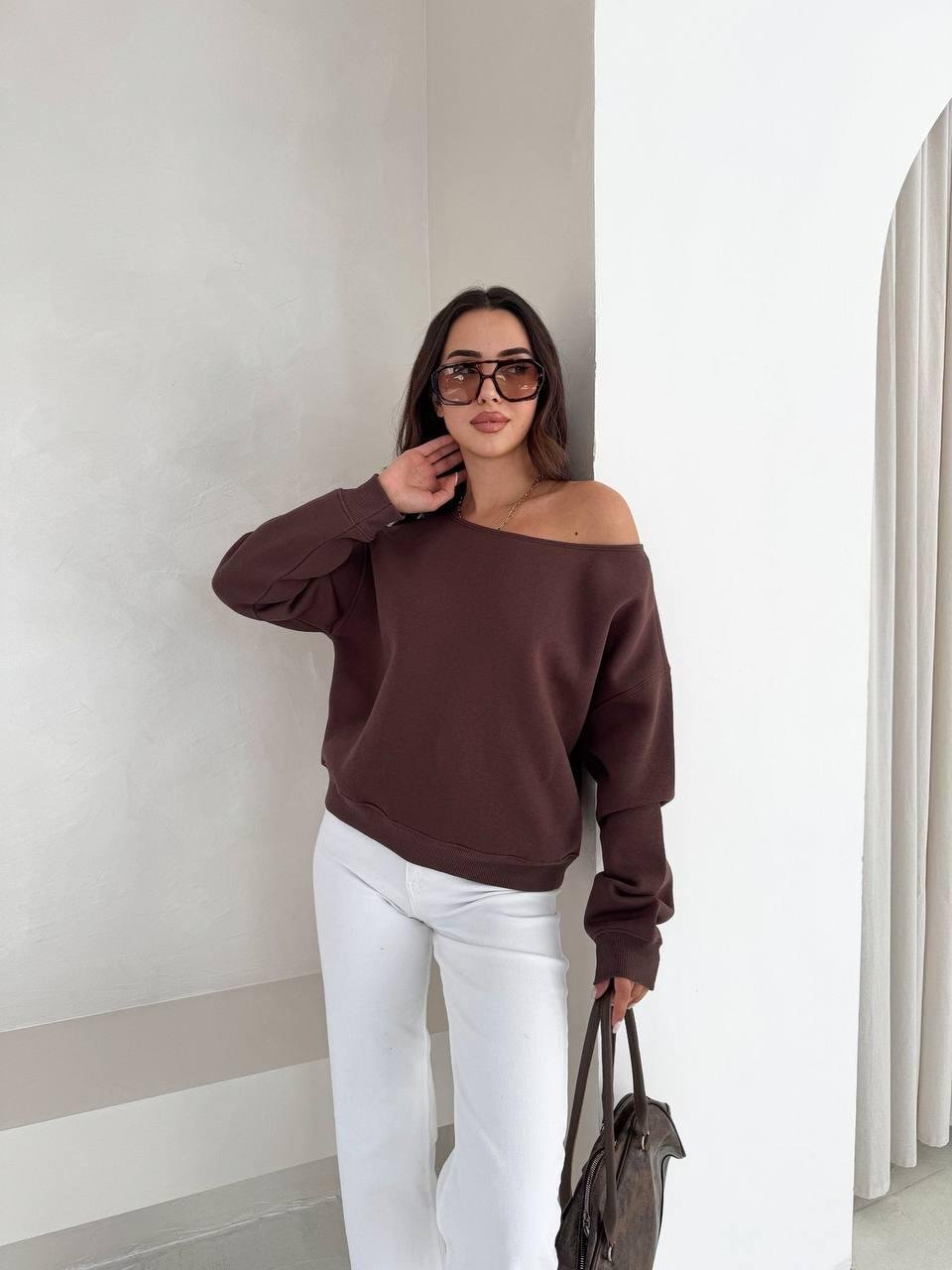 Kahverengi Tek Omuz Sweatshirt 