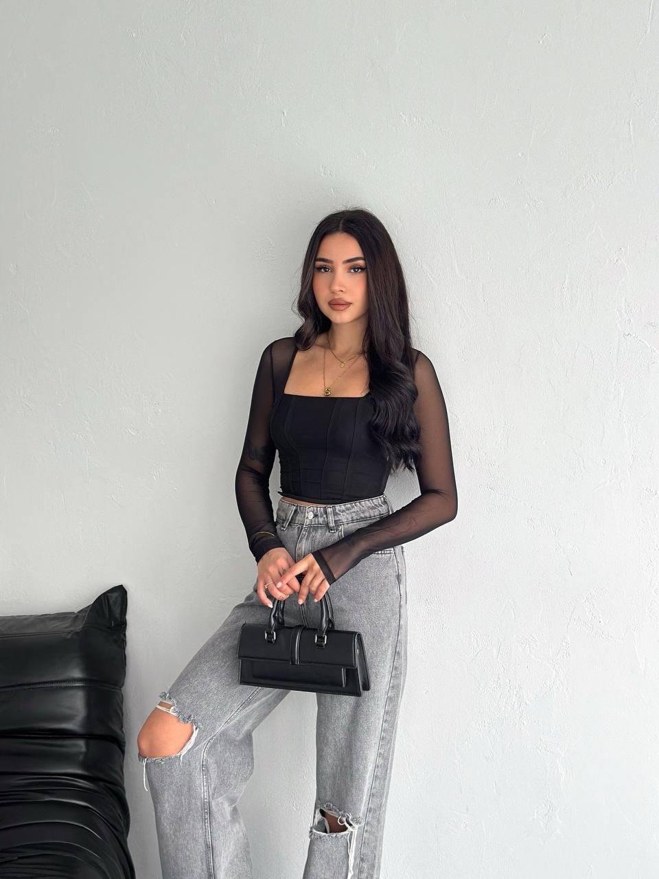 Kare Yakalı Tül Crop