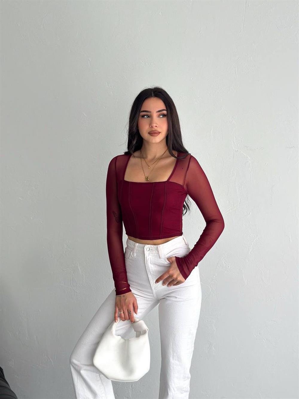 Kare Yakalı Tül Crop