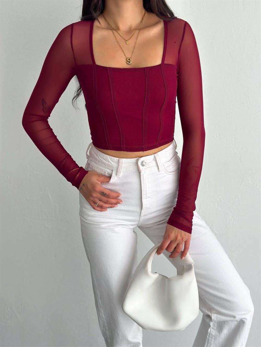 Kare Yakalı Tül Crop