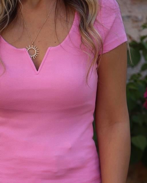 Kısa Kol Damla Yaka Pembe Bluz