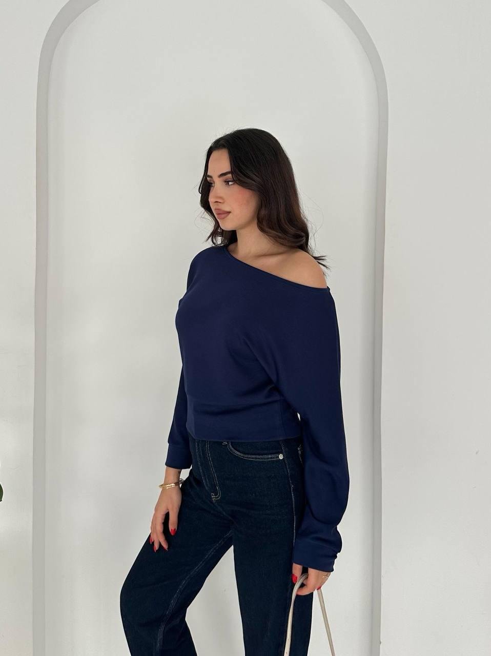Lacivert Kayık Yaka Modal Kumaş Bluz