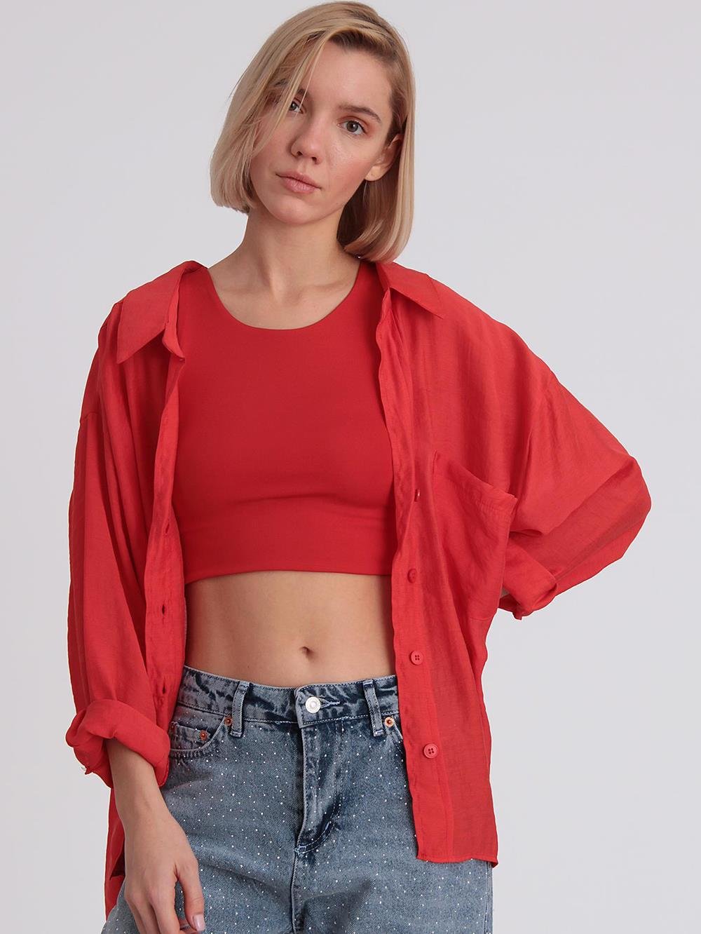 Nar Çiçeği Düşük Omuzlu Oversize Gömlek