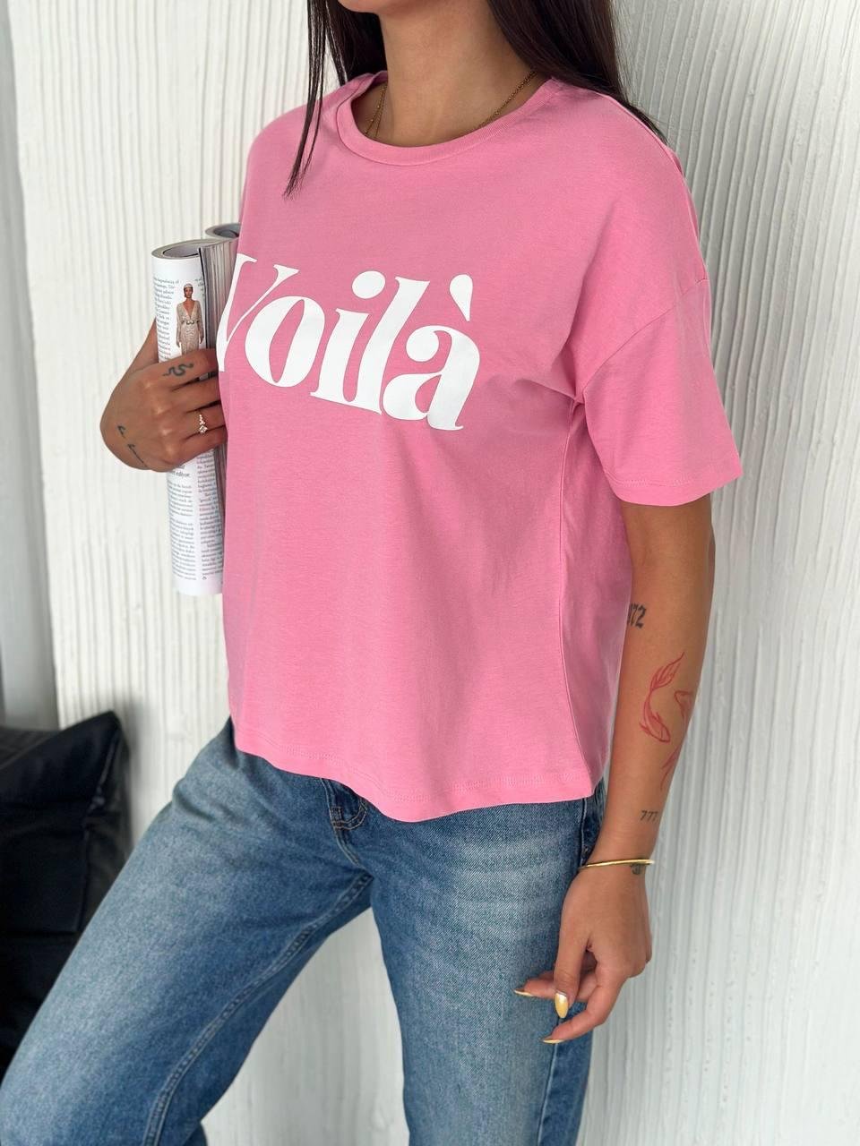 Pembe Voila Baskılı T-Shirt
